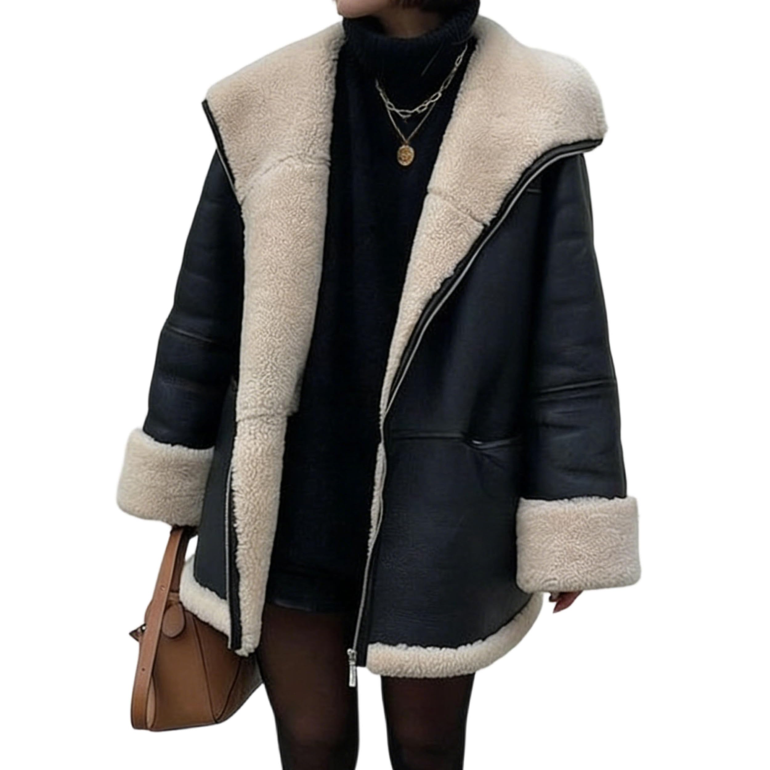 Manteaux en peau lainée pour femmes, blouson aviateur en fausse peau lainée pour femmes, manteau d'hiver doublé sherpa