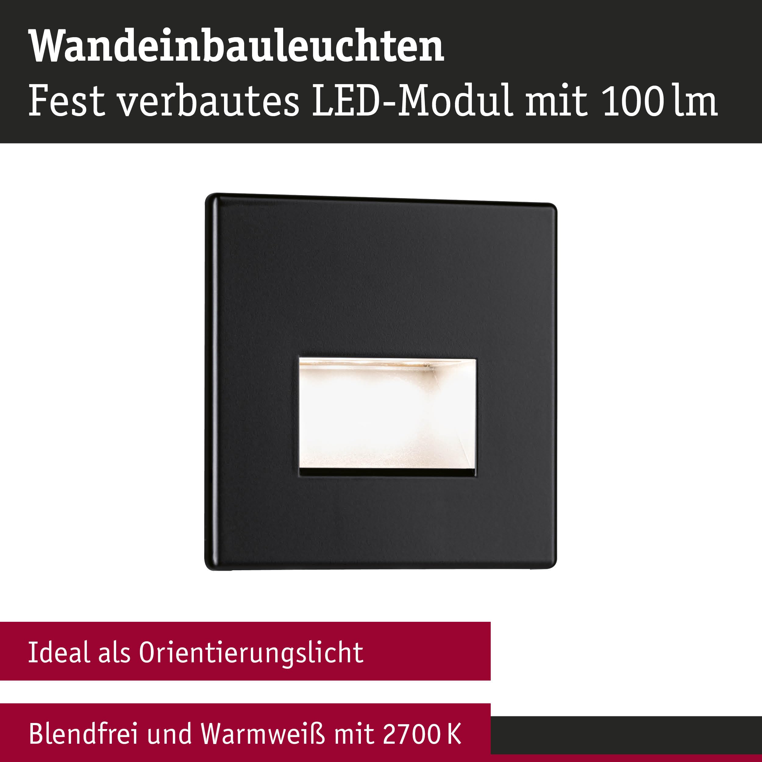 Paulmann 5223 Set LED Wandeinbauleuchte Edge 3er-Set eckig 80x5 mm 3x1,2W 3x50lm 230V 2700K Schwarz matt