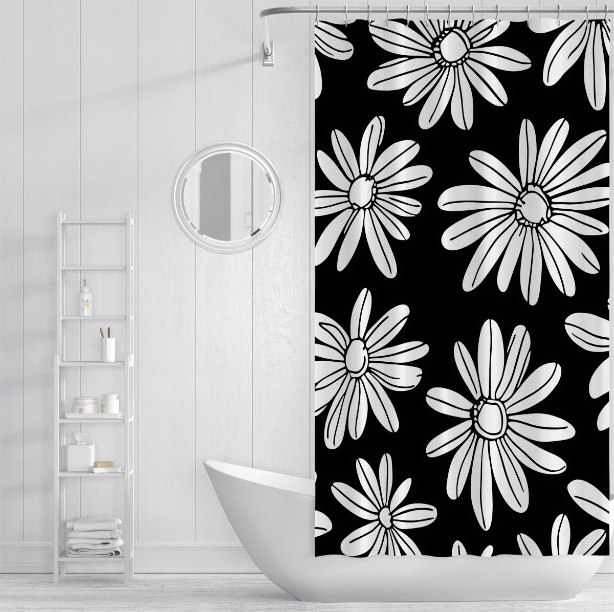 Moderner Retro-Duschvorhang Minimalistischer Gänseblümchenmuster Polyester wasserdichte Badezimmervorhänge Extra Langer Stoff Schwarz-Weiß 180 x 180 cm