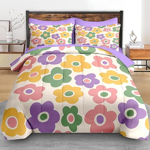 Miniatura 3 de Juego de edredón tamaño Twin, diseño de flores vintage de los años 70, ropa de cama de 5 piezas para niños y adultos, juego de sábanas florales