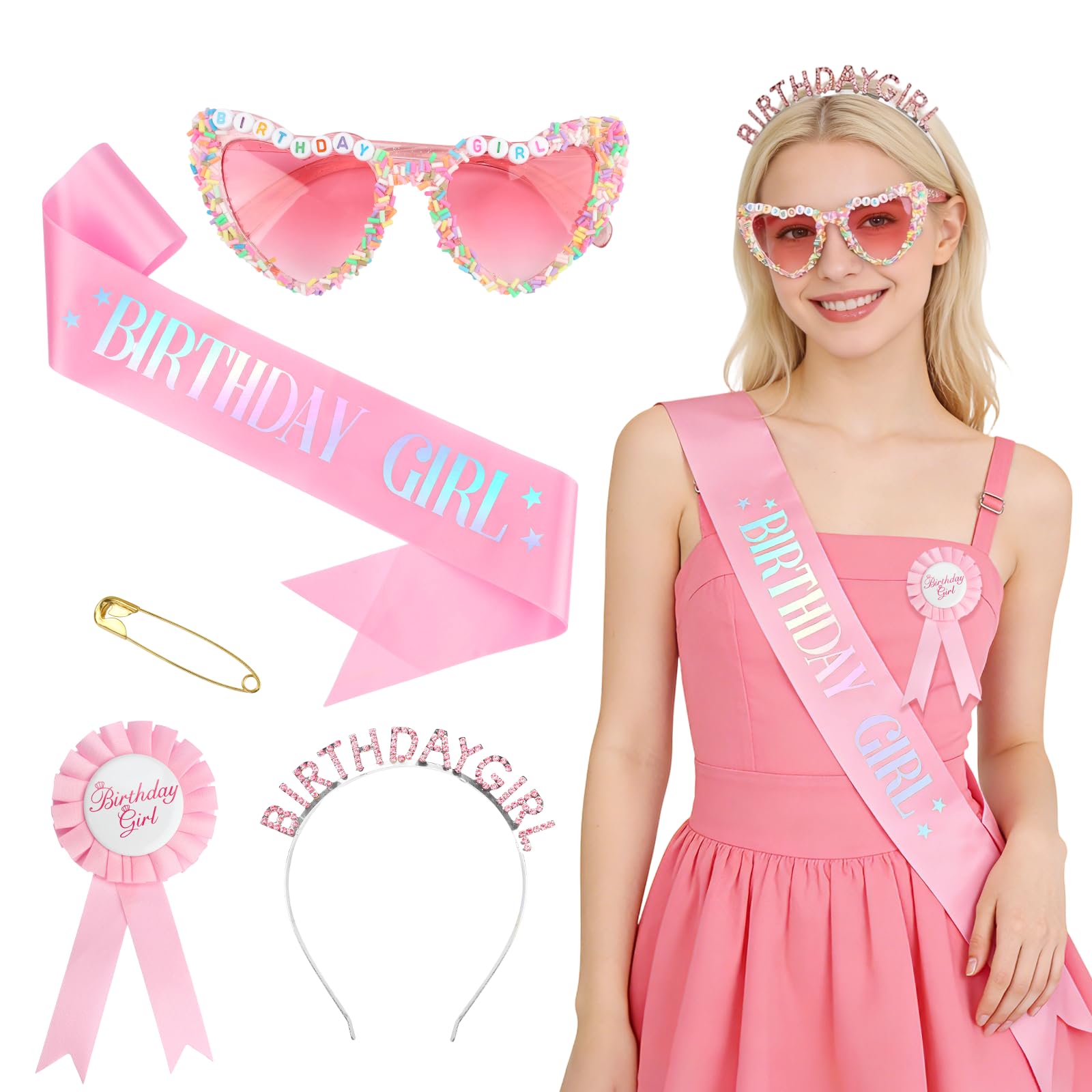 UxClishe 4 Pcs Birthday Queen Accessories Kit, Pink Birthdays with Glitter Sash Headband Heart Sunglasses Brooch for Sparkling Celebration Birthday Party Decorations Supplies
