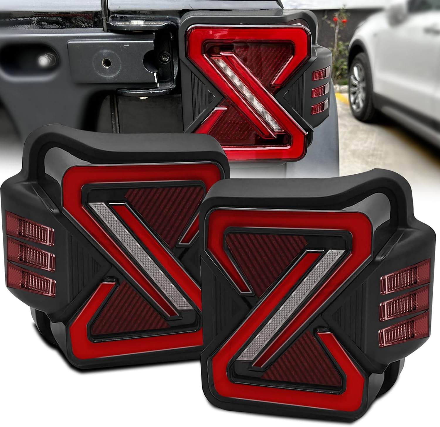 Boxlight LED Tail Lights Assembly For 2007-2018 Jeep Wrangler JK JKU With Rear Turn Signal Lamp & Brake & Running & Reverse Light And Z-shaped Design- Red Lens