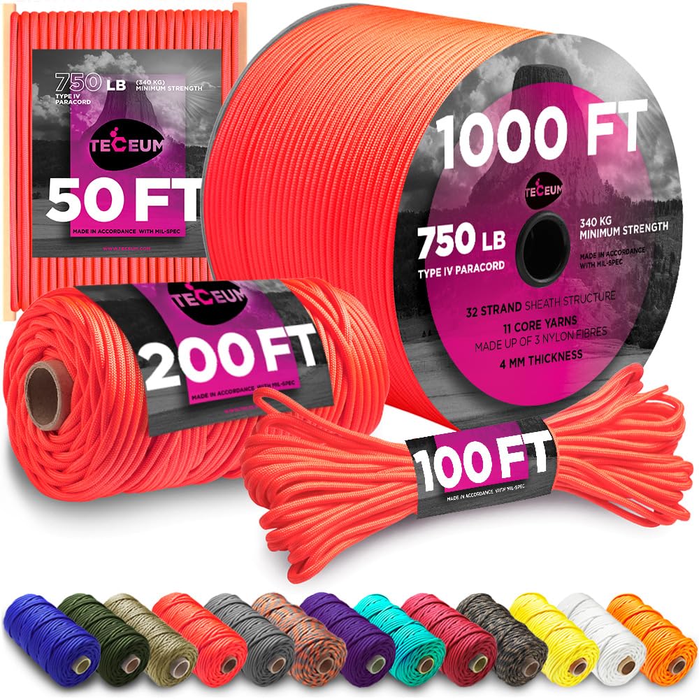 TECEUM Paracord Type IV 750 lb Soffit Orange – 30 m – 4mm – 100% Nylon Strong Tactical MIL–SPEC Parachute Cord – Survival Rope Emergency 11 Strands Core Camping Hiking Military Gear(100ft) 345a
