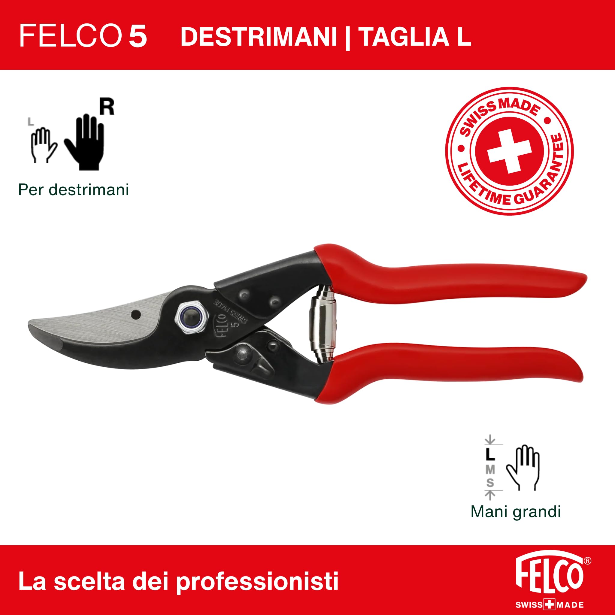 FELCO 5 Cesoia da Potatura Bypass, Mano Destra, Mano Grande, Capacità di Taglio 25mm, Costruzione Tutto Acciaio, Testa Affusolata, Made in Switzerland, Garanzia a Vita