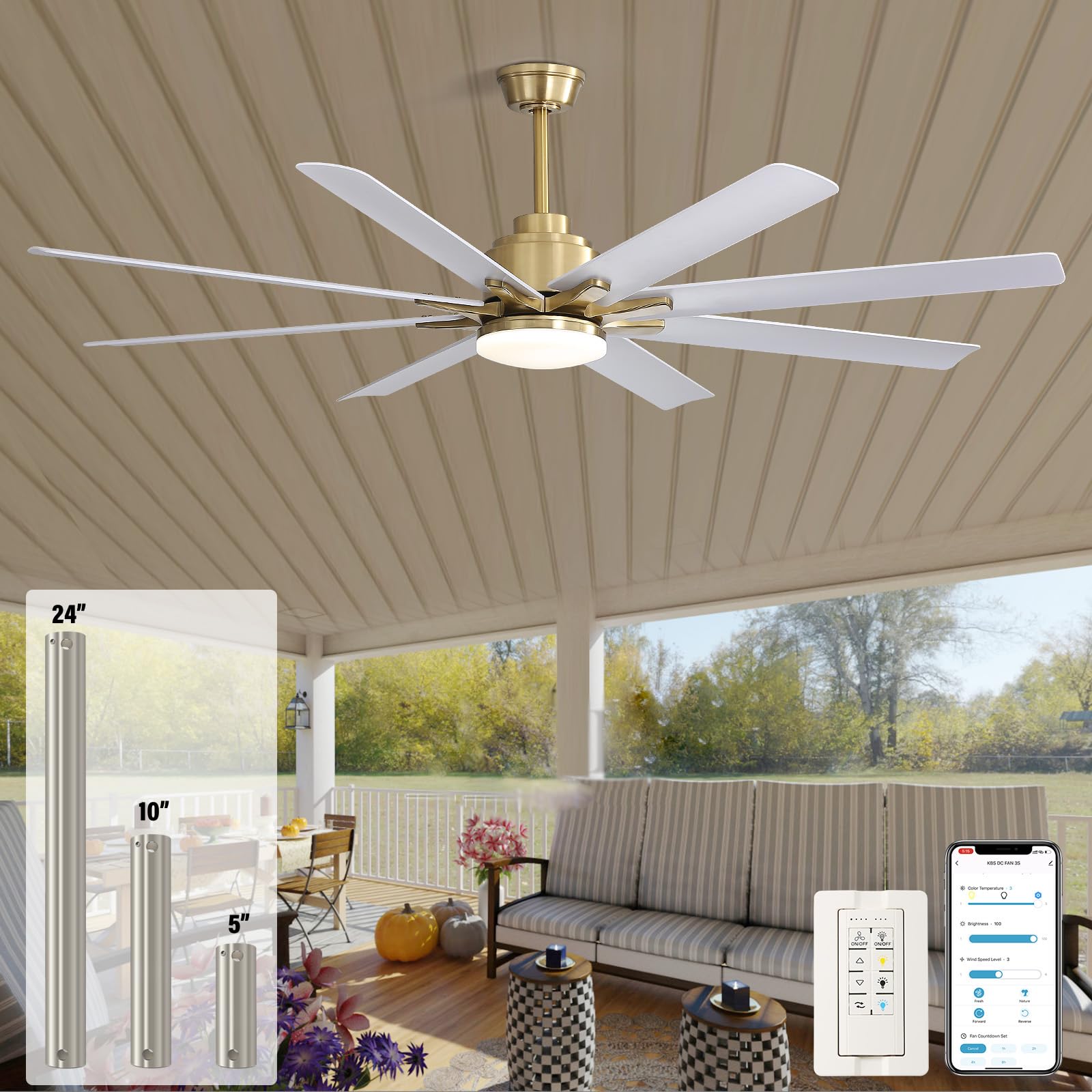 Sofucor 66 Inch Smart Ceiling Fans with Lights, Indoor/Outdoor Ceiling Fan with Light and Remote, Work with Alexa/Google, Reversible DC Motor, White Ceiling Fan Light for Living Room Farmhouse Patio