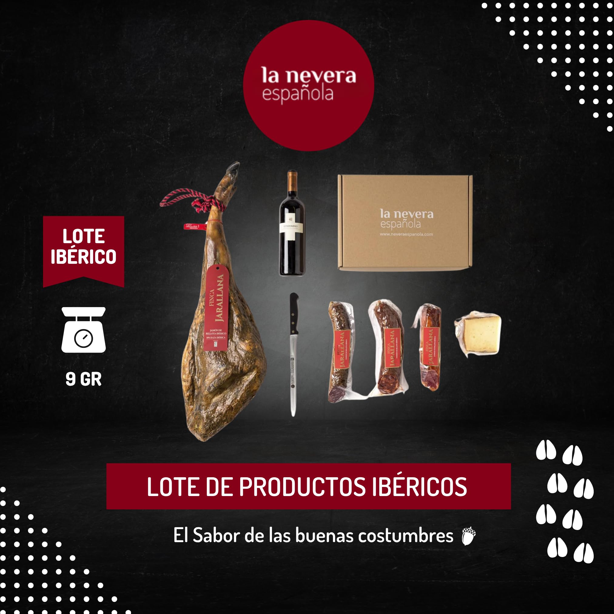 La Nevera Española - Lote Ibérico de Bellota con Jamón, Lomo, Salchichón, Chorizo y Queso de Oveja - Con Botella Ribera del Duero - Delantal de Regalo
