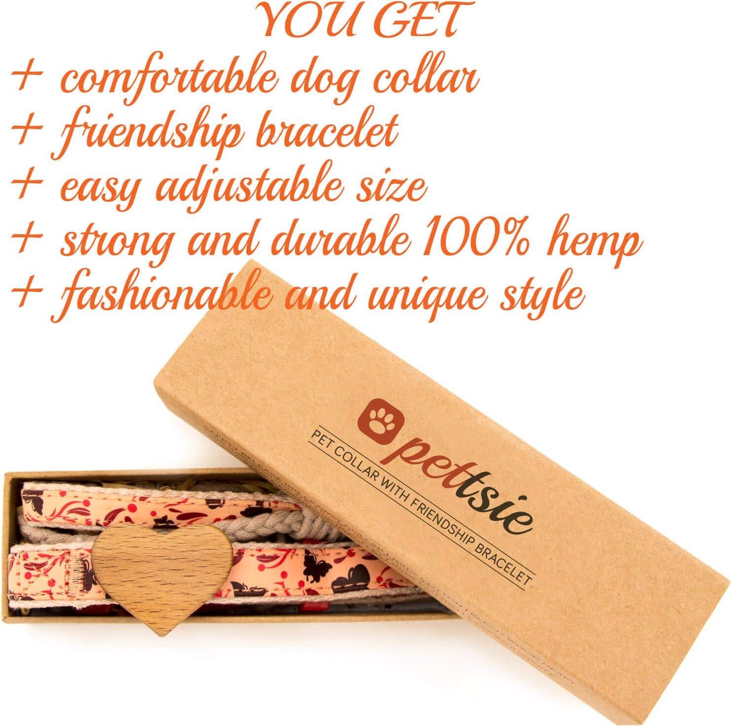 Pettsie Dog Heart Collar & Matching Friendship Bracelet – Adjustable, Durable Hemp, Soft & Comfortable, for Dog Owners, Small & Medium Sizes