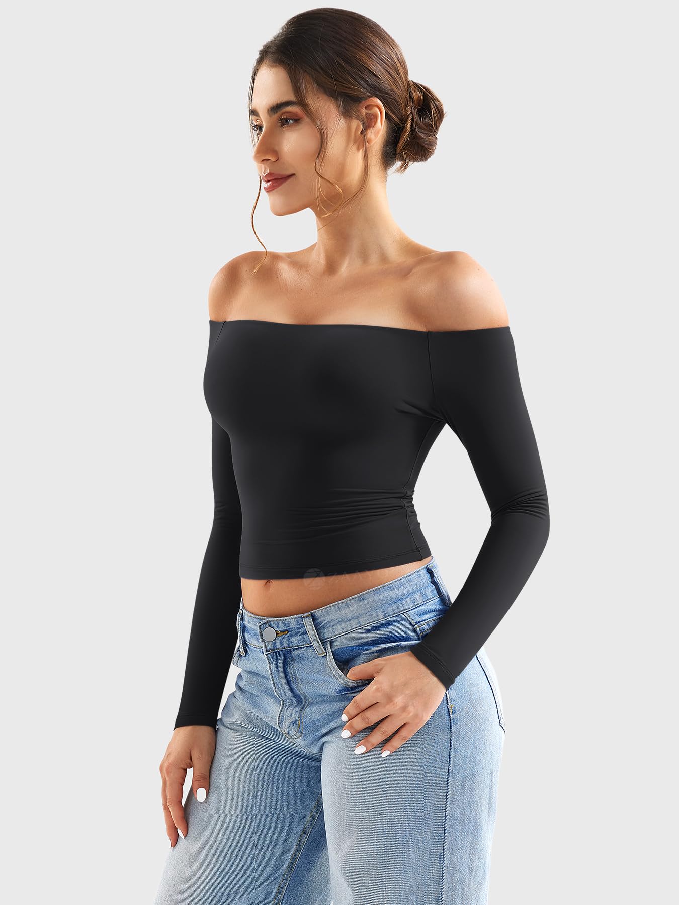 ZAAYO Haut à manches longues épaules dénudées pour femme Y2K Crop Top basique T-shirt à manches longues T-shirt de sport épaules dénudées Gym Haut pour femme
