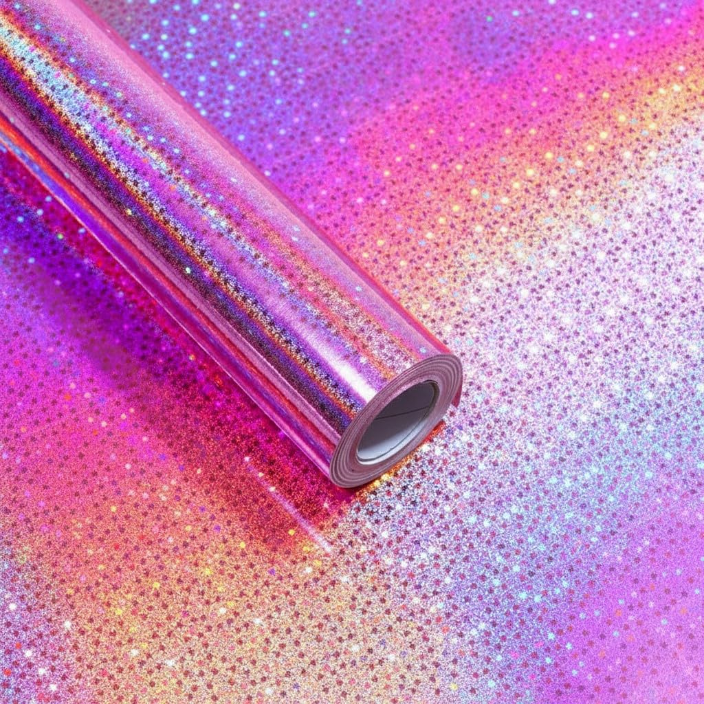 komforbaa Rosy Wrapping Paper Roll, Metallic Holographic Star Gift Wrapping Paper, for Birthday, Graduation, Holiday, Party, Wedding, Mother's Day, for girl, women, 17InX 33 Ft (43cm×10m)