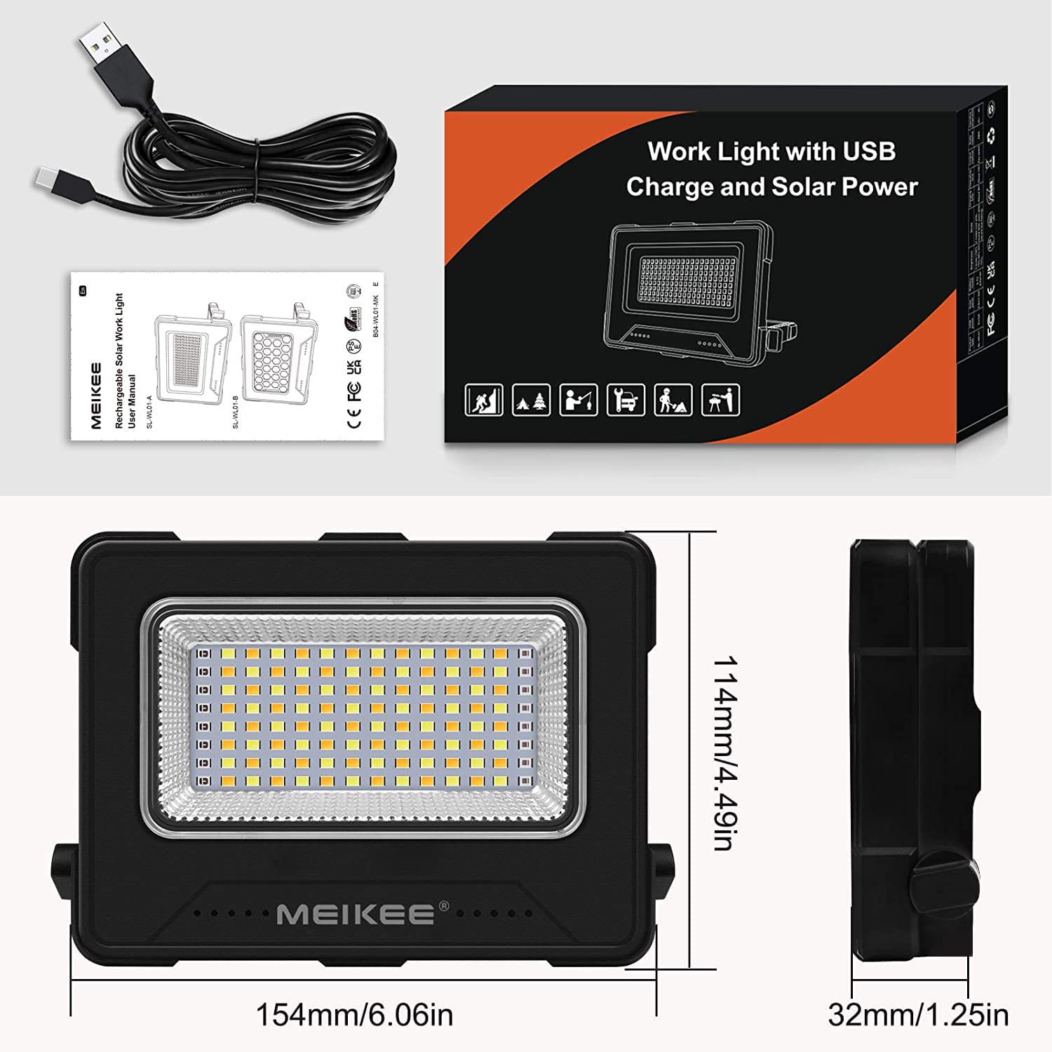 MEIKEE Reflektor budowlany LED 80W, lampa robocza LED 12000mAh, reflektor akumulatorowy, 4 tryby świecenia, lampa kempingowa, przenośna, 5 poziomów jasności, ładowanie solarne i USB, lampa
