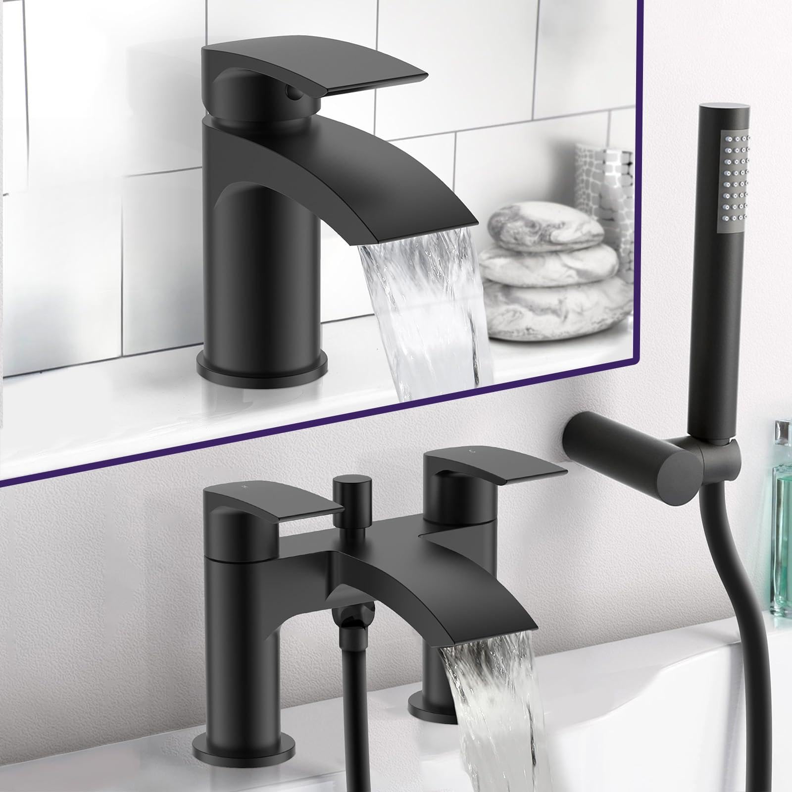 Libra Waterfall Basin Mixer and Bath Mixer Taps with Waste Matte Black