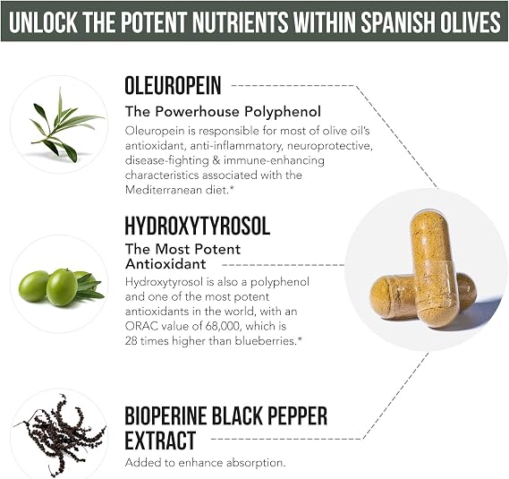 Total Olive - Olive Leaf Extract (40% Oleuropein) Plus Olive Fruit Extract (20% Hydroxytyrosol) Full Spectrum Extract Grown & Extracted in Spain BioPerine Absorption Enhancement (60 Count)