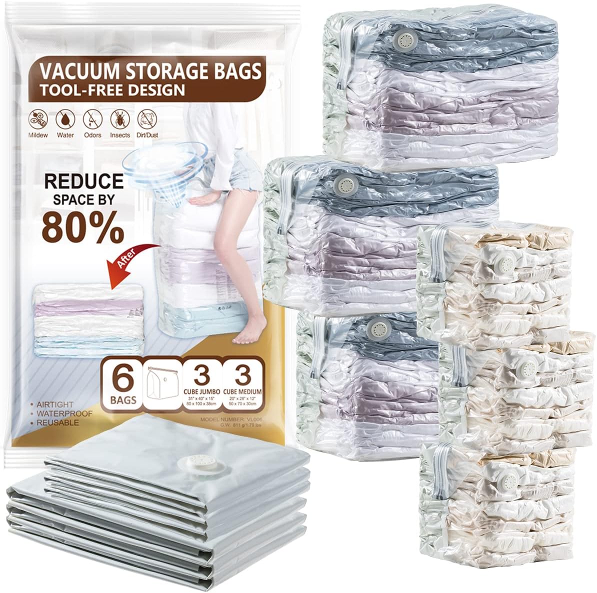 CLEVHOM Cube Vacuum Storage Bags for Comforters and Blankets 6 Pack, Vacuum Seal Bags for Beddings, Jumbo Space Saver Bags for Clothes (3 Medium, 3 Large)
