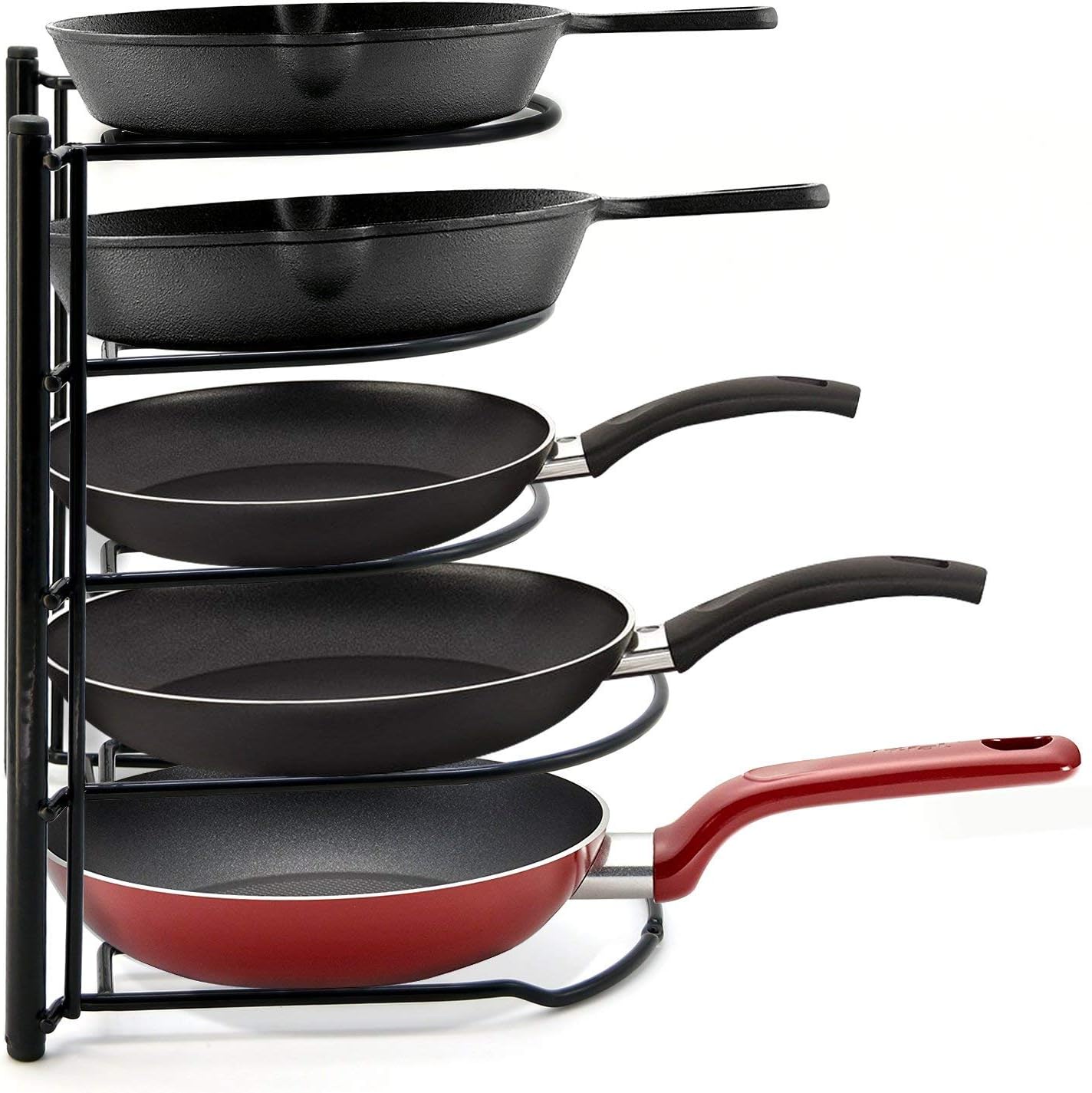 TOPULORS Pot and Pans Rack Organizer, Cookware Lid Holder for Kitchen Cabinet Shelf, Pantry, Counter, Heavy Duty for Cast Iron, No Assembly Required - Black