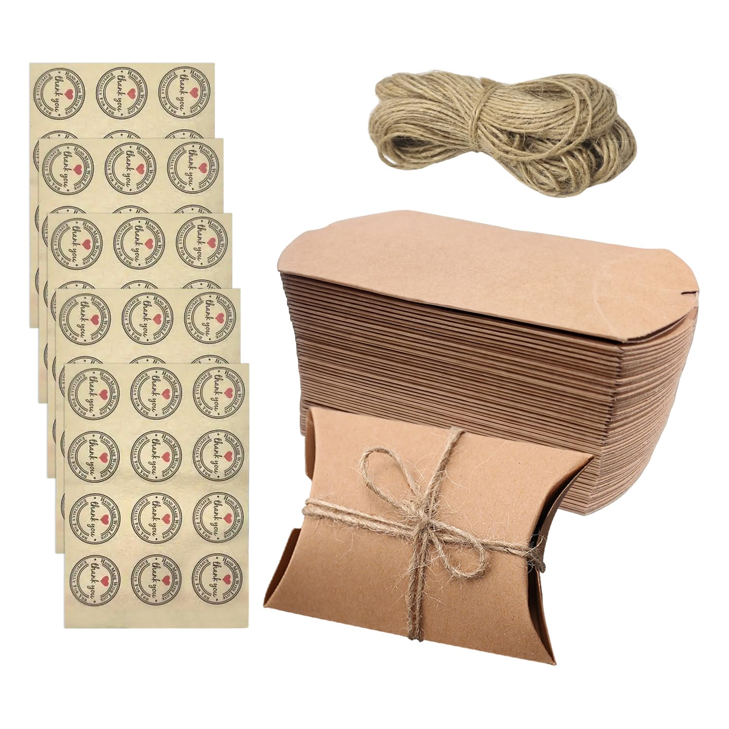50 Kraft Paper Gift Boxes, 50 Hemp Ropes, 50 Stickers, Retro Candy Boxes, Gift Packaging Supplies, Party Supplies.
