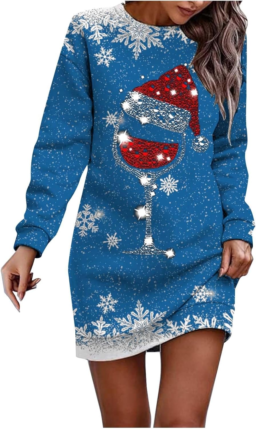 Robe Pull De Noël Femme - Sweatshirt à Capuche Long Avec Poches - Imprimé Verre à Vin - Grande Taille Pour Fêtes D'hiver