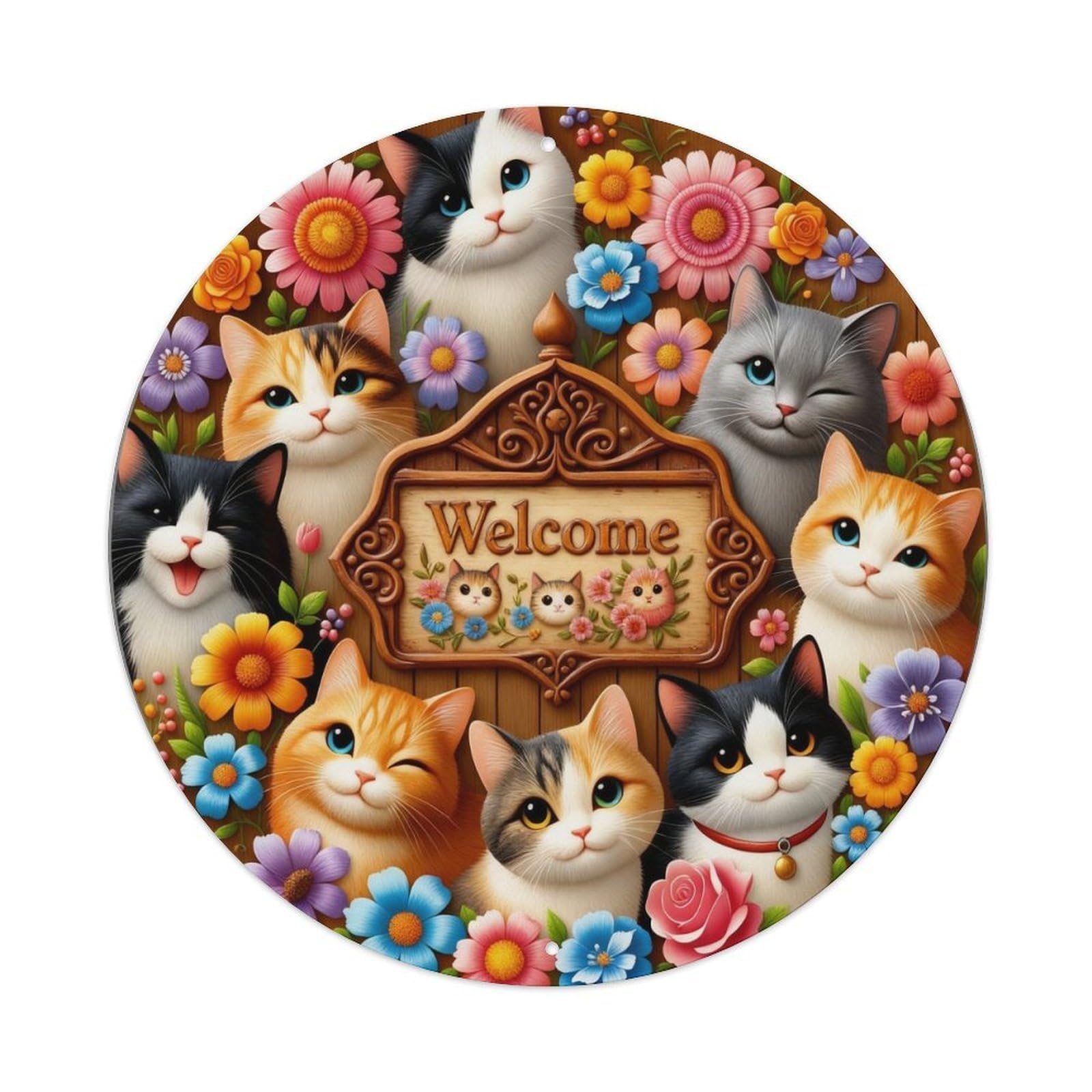 Cats Flowers Welcome Sign Art Round Metal Tin Sign Vintage Wall Decor, Bar Garage Cafe Kitchen Home Wall Art Poster 8x8inches