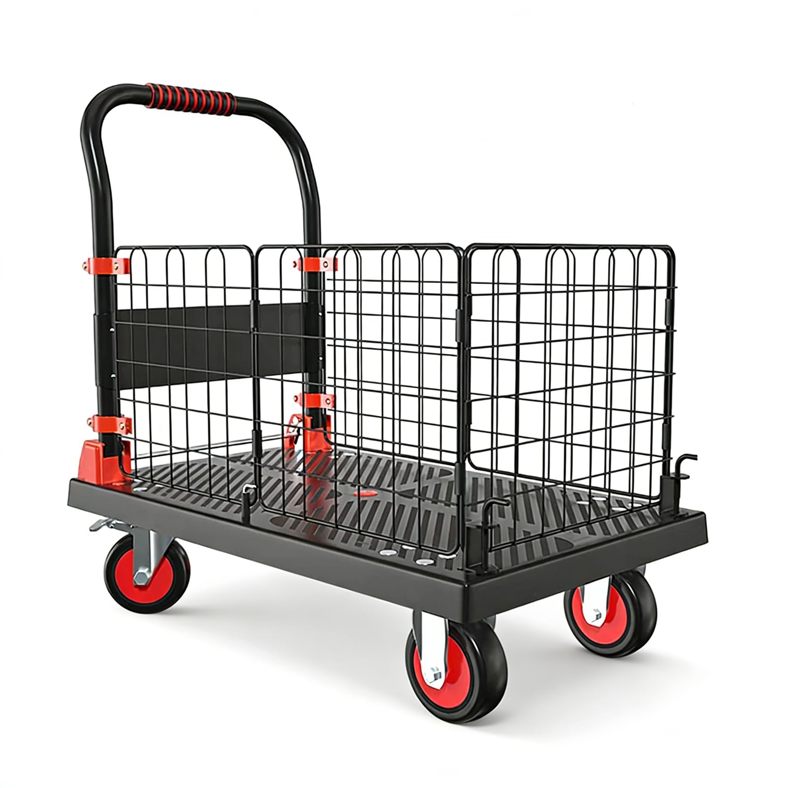 cxyin-home カゴ台車 落下防止柵付き 71×47×70cm 耐荷重200kg 作業用手袋付き 大型 手押しメッシュ台車 ストッパー付き メッシュカゴ 取り外せる柵 折りたたみ 網籠車 TPRキャスター コンパクト ハンドルカバー 省スペース 組立簡単 低騒音 引っ越し ゴミ捨て 買い物 倉庫 スーパー 家庭 ブラック