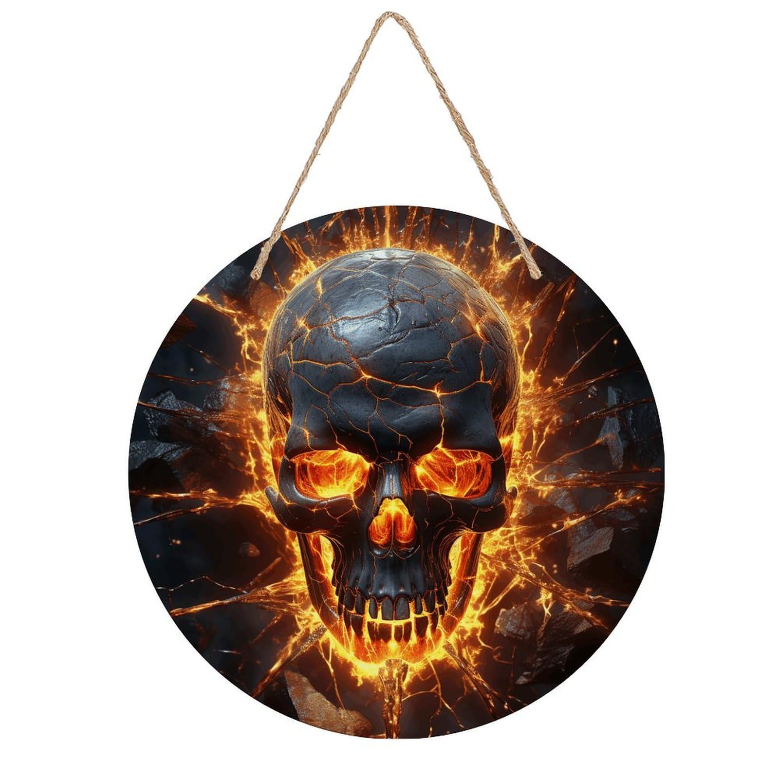 VstaDank Shattering of Skull Wall Decor Round Wood Hanging Sign 7.9x7.9 in Wooden Circle Door Hanger with Ropes, Rustic Wall Art Decor for Home Front Door Indoor Outdoor Decoration