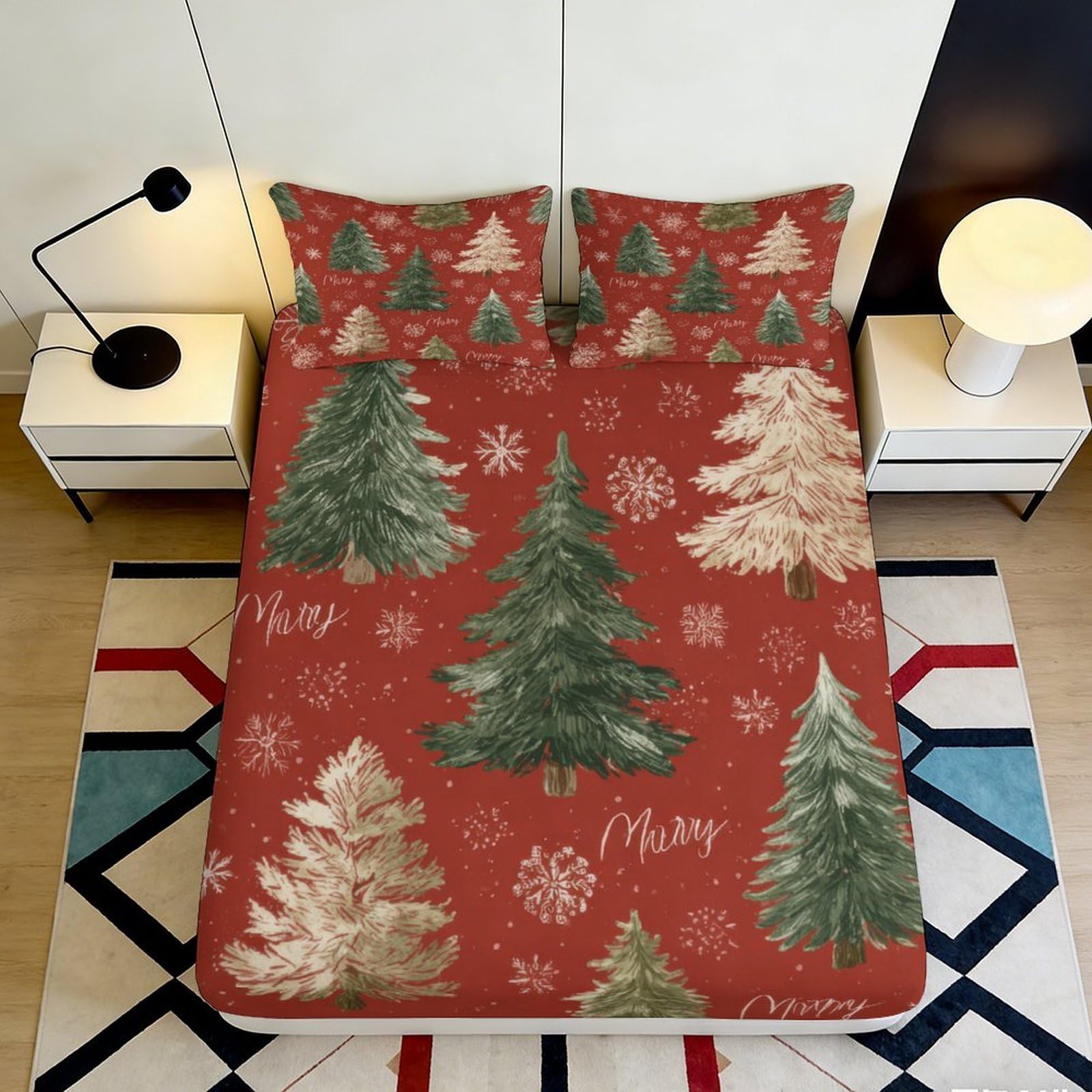 3D Printed Christmas Tree Fitted Sheet Microfiber Red Snowflake Bed Cover for Bedroom Dorm Mattress Protection Decor 140x200x25cm