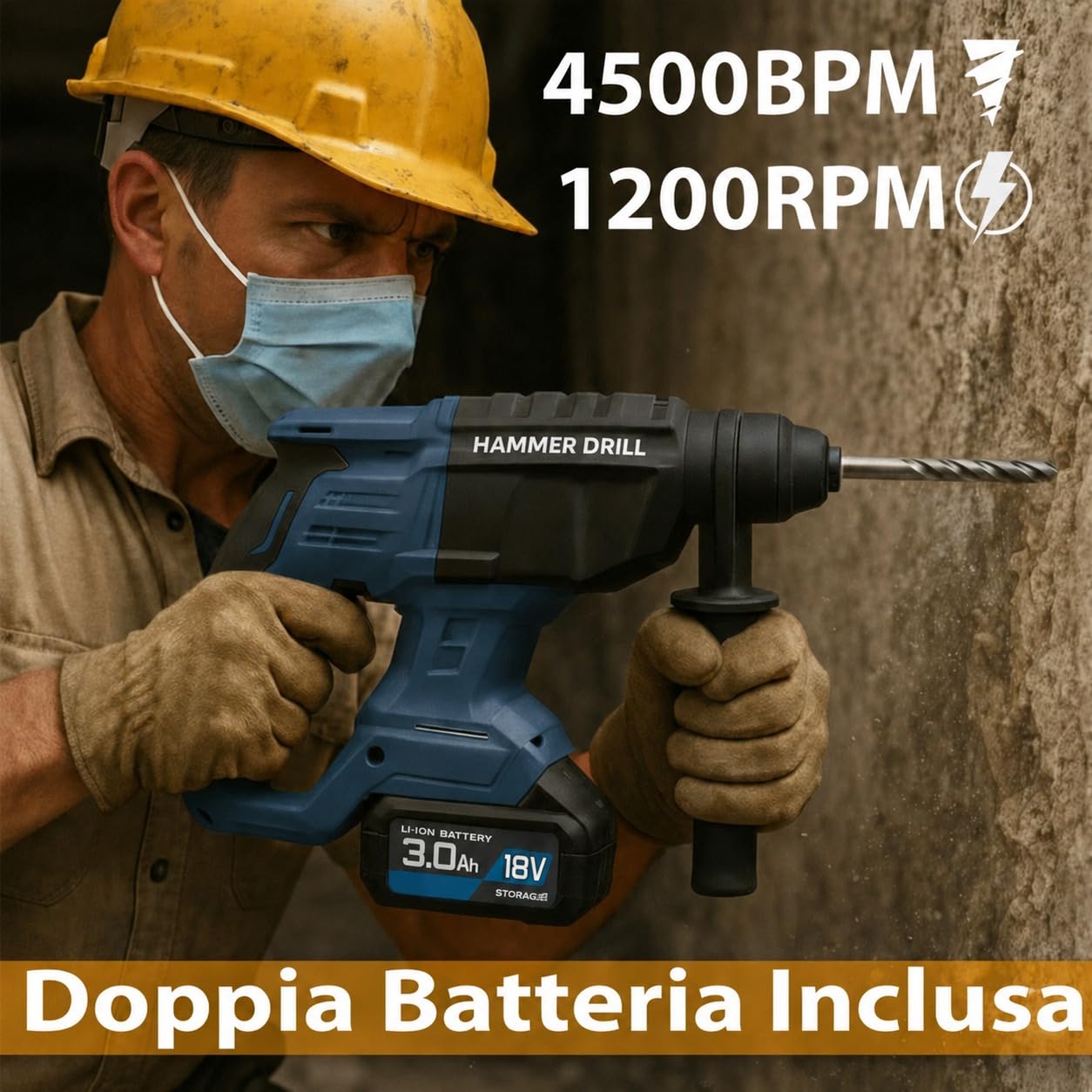 MAKA Martello Trapano Demolitore a Batteria 18V Professionale 3 in 1, Motore 1200 RPM 4500 BPM, Sistema SDS-Plus, 2 Batterie 3.4Ah, Set Punte e Scalpelli, Valigetta Inclusa per Cemento e Muratura (A)