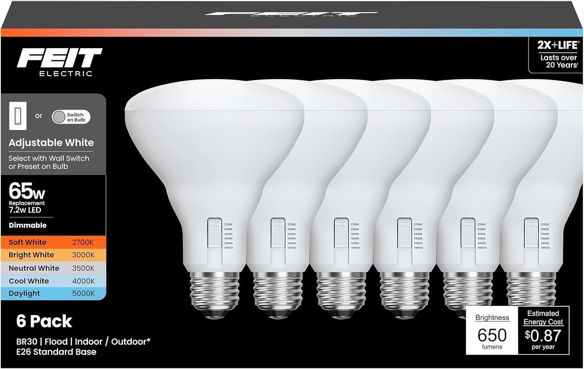 Bombillas LED BR30, 65W Eq, regulables, 5CCT 6 vías, paquete de 6 | Base E26, 2700K - 5000K + Control de interruptor de luz, 650 lúmenes, CRI 90+, 20 años de vida útil, para latas empotradas, haz de inundación amplio