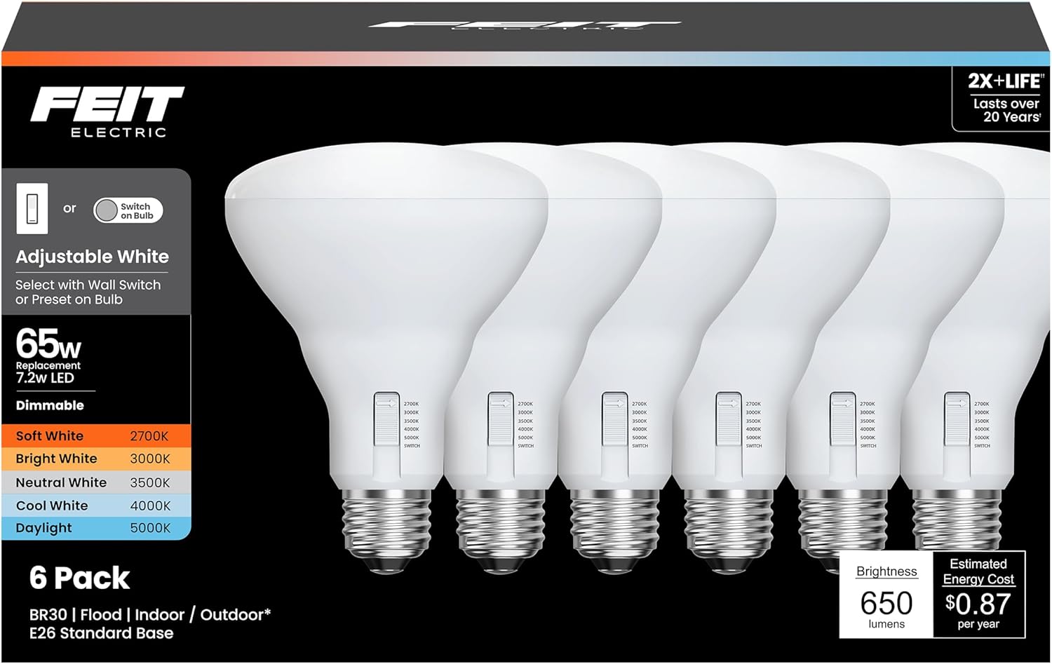 Feit Electric BR30 LED Light Bulb, 65W Equivalent, Dimmable, 650 Lumens, 5-Color Adjustable White, 90+ CRI, General Purpose Flood & Track Lighting, 25,000-Hour Lifetime, BR3065DM/6WYCA/6, 6 Pack