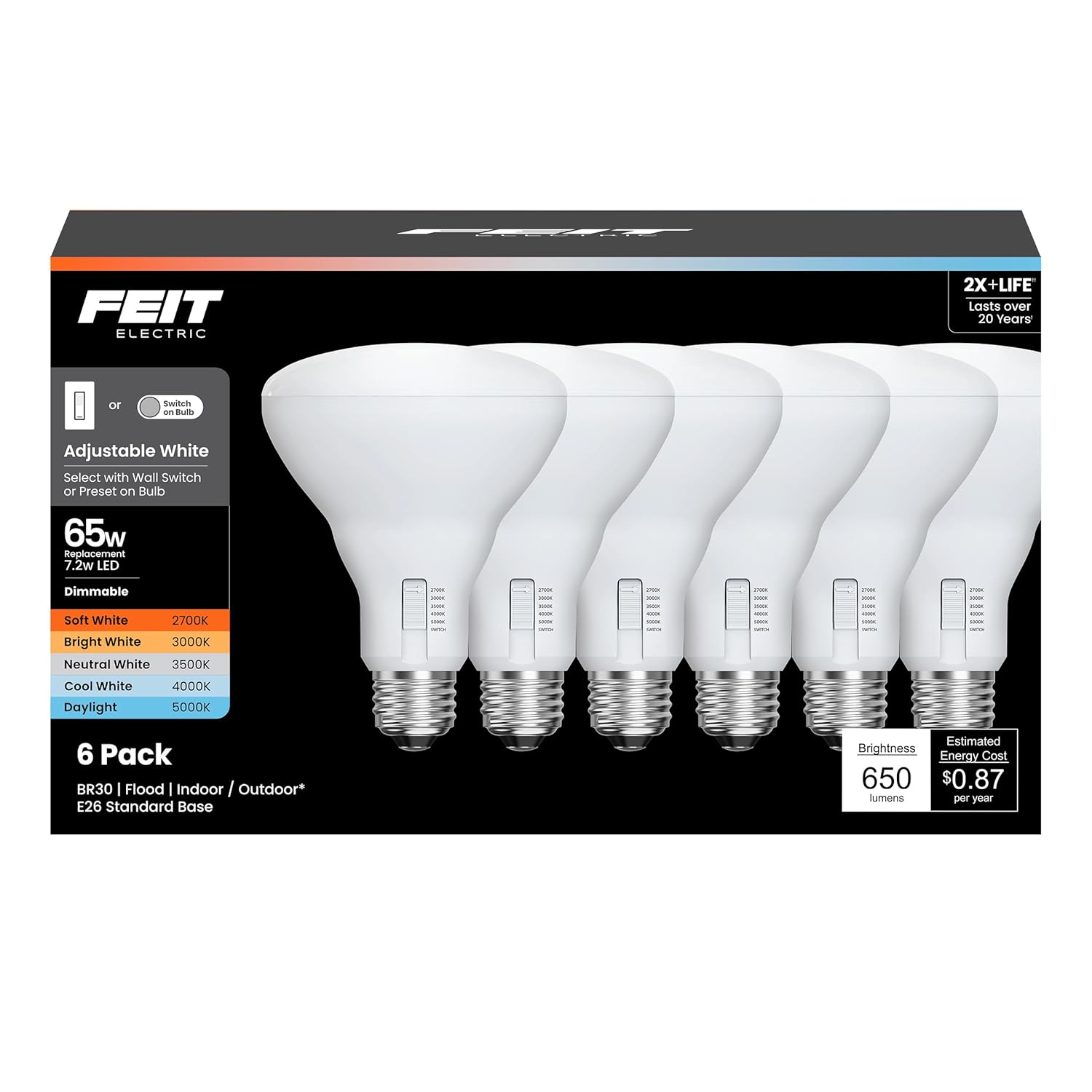 Feit Electric BR30 LED Light Bulb 65W Equivalent Dimmable 650 Lumens 5-Color Adjustable White 90 CRI General Purpose