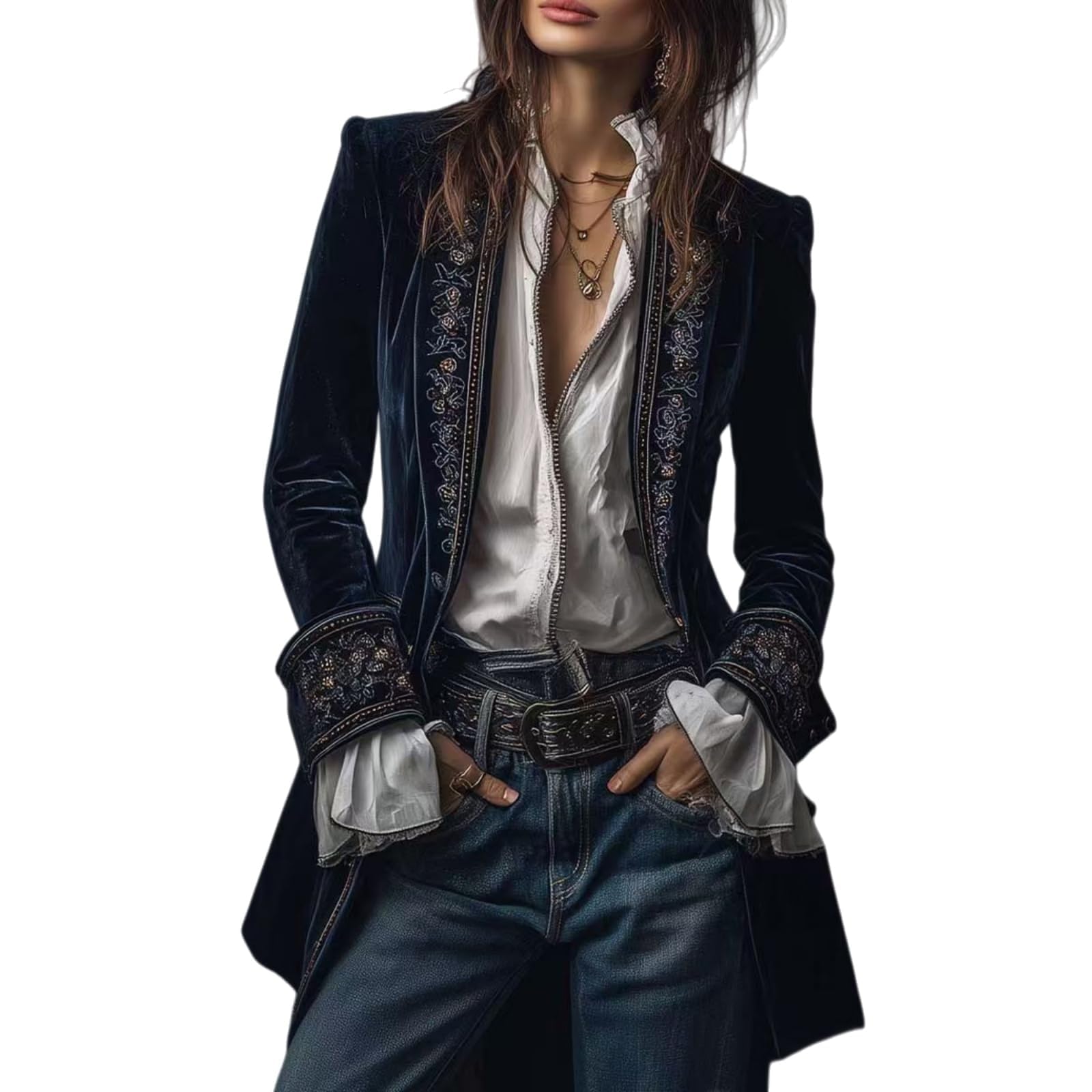 Velvet Blazer Jackets For Women Vintage Embroidered Lace Velvet Pirate Jacket Open Front Gothic Coat Victorian Coat