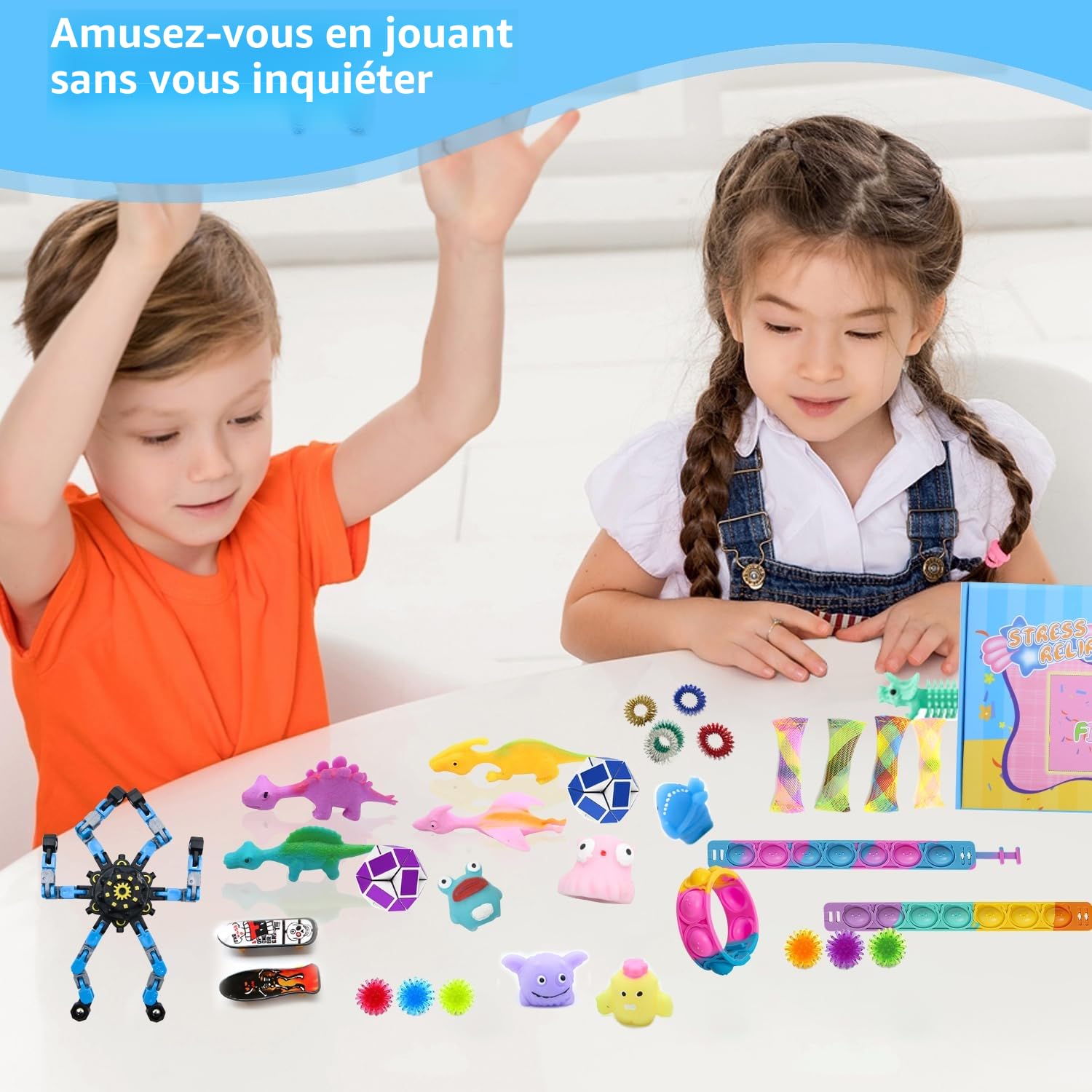 JUAUO 50 Pcs Fidget Toys Set, Stress-Angst Relief Toys pour Enfants et Adultes, Anxiété Relief Finger Toys, Anti Stress Autisme et TDAH, Jouets Sensoriels pour Enfants Fête d'anniversaire