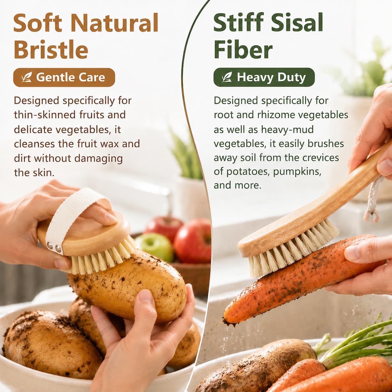 Wooden Vegetable Brush Set with Handle, Potato Scrubber for Fruits Veggies