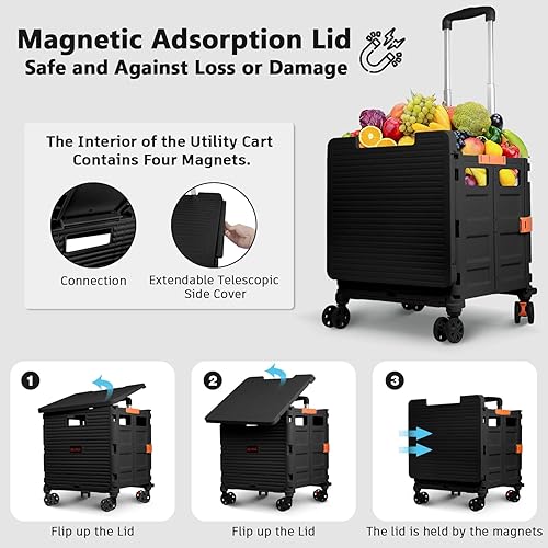 Miniatura 2 de Carrito plegable portátil plegable con ruedas, cesta de mano con tapa magnética, cubierta telescópica, resistente al desgaste, rueda giratoria de