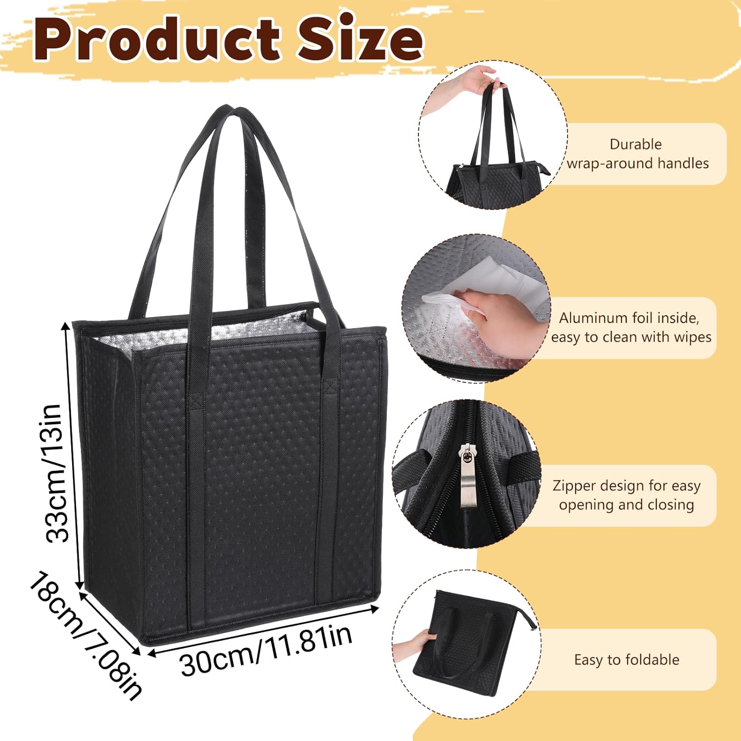 simarro 4 Pack Insulated Grocery Bags, Reusable Shopping Bags Cooler Bag Thermal Totes with Zippered Top & Handle for Groceries & Food Delivery (Black) - Image 2