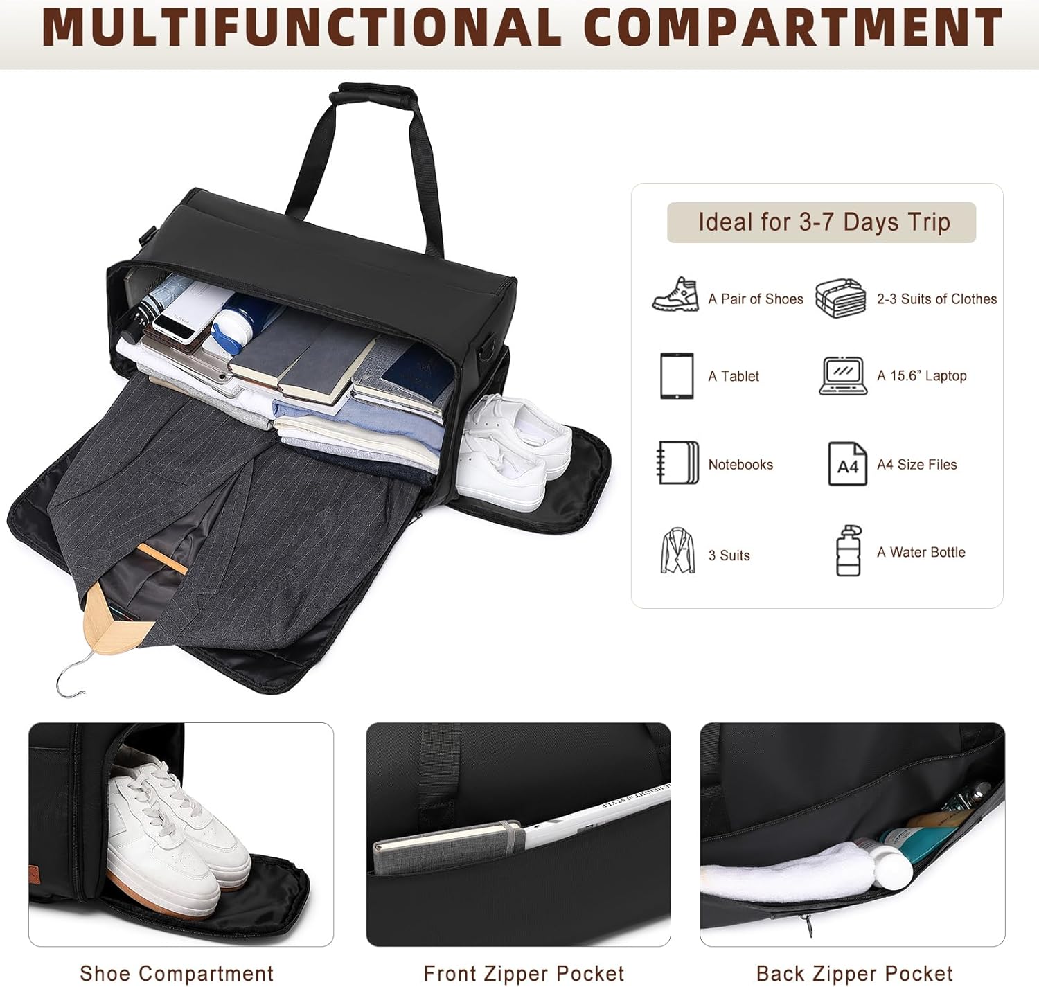 BOLOSTA Garment Bags for Travel 3 in 1 Carry On Convertible Suit Travel Duffel Bag with Shoe Compartment Waterproof Large Hanging Travel Suit Bag for Men Ideal Gift for Christmas &Thanksgiving - Image 5