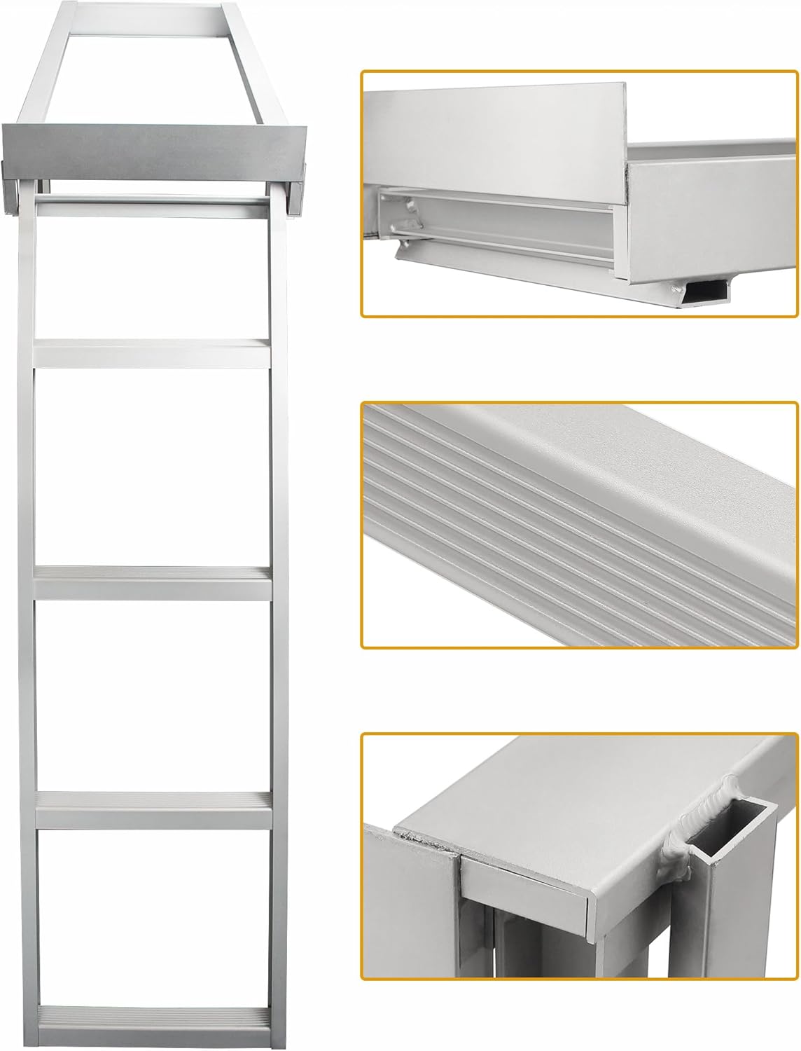 Heavy-Duty 4-Step Aluminum Pontoon Ladder – Undermount Self-Storing Design, 300LB Capacity, Anti-Slip & Corrosion-Resistant, Universal Fit for Most Pontoons