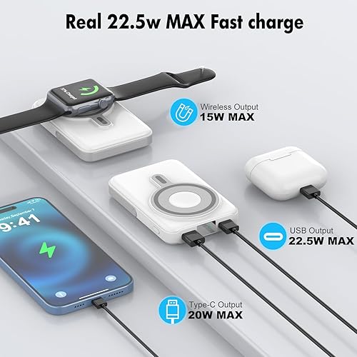 Miniatura 4 de Cargador portátil inalámbrico, banco de energía magnético 3 en 1 de 10000 mAh con pantalla LED, batería de carga rápida de 22.5 W, compatible con