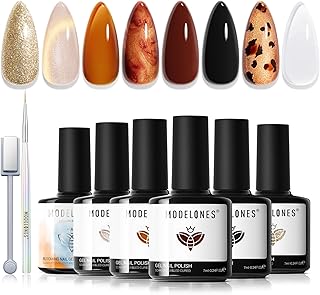 Modelones Gel Nail Polish Set, 6 Colors Winter Clear Blooming Nude Gold Glitter Cat Eye Gel Polish Amber Brown Jelly Maroon Black Nail Polish 2025 Leopard-Print Theme W Magnet & Liner Pen LED Mani Kit