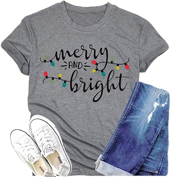 Christmas Shirt Merry and Bright Christmas Lights T-Shirts Women Xmas Lights Graphic Shirts Merry Christmas Holiday Top