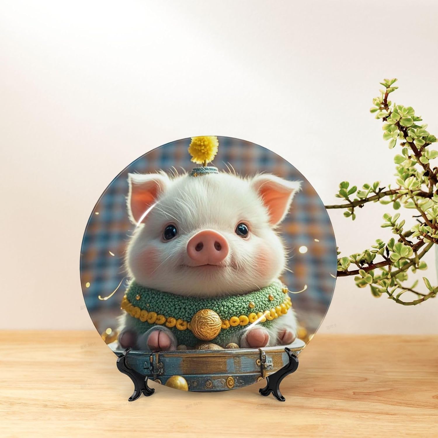 Bone China Decorative Plate with Display Foolish Cute Pig Ceramic Plates Crafts Art Decor Dessert Plate Ceramic Ornament Porcelain Plates for Living Room Kitchen Table Home Decor