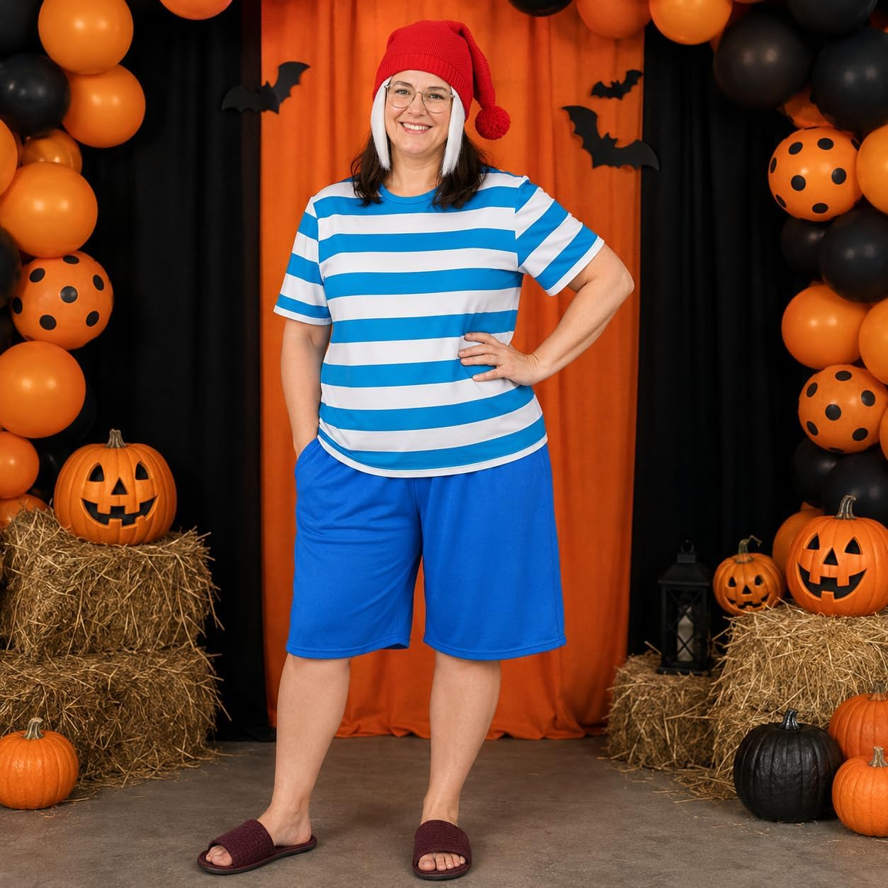 Halloween Adult Boatswain Costume Set Blue Striped Sailor Shirt Shorts Dwarf Beanie Hat Cosplay