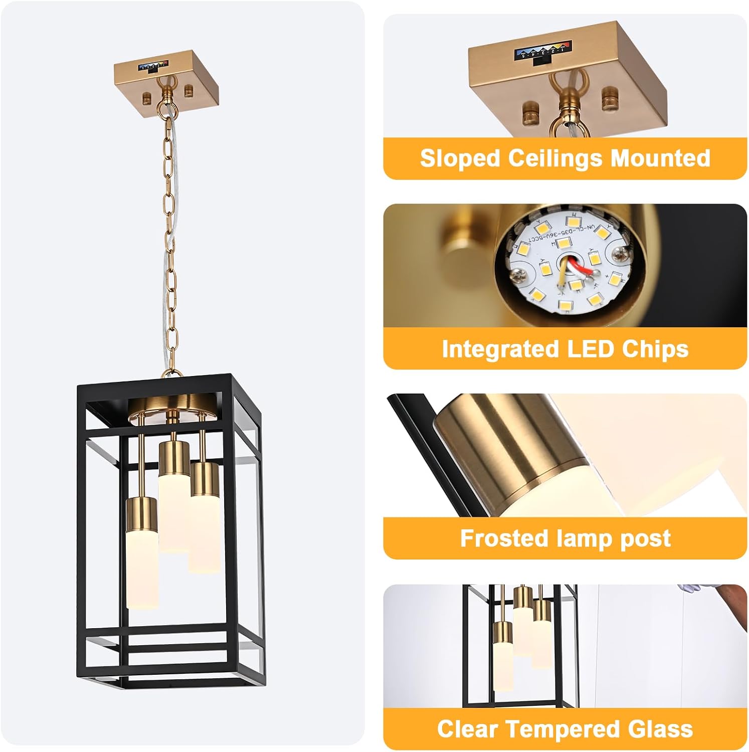 3-Light LED Outdoor Pendant Lights for Porch, Black & Brushed Brass Outdoor Chandelier 5CCT Dimmable Exterior Hanging Porch Light Fixtures LED Integrated Included Bulbs for Entrance Patio