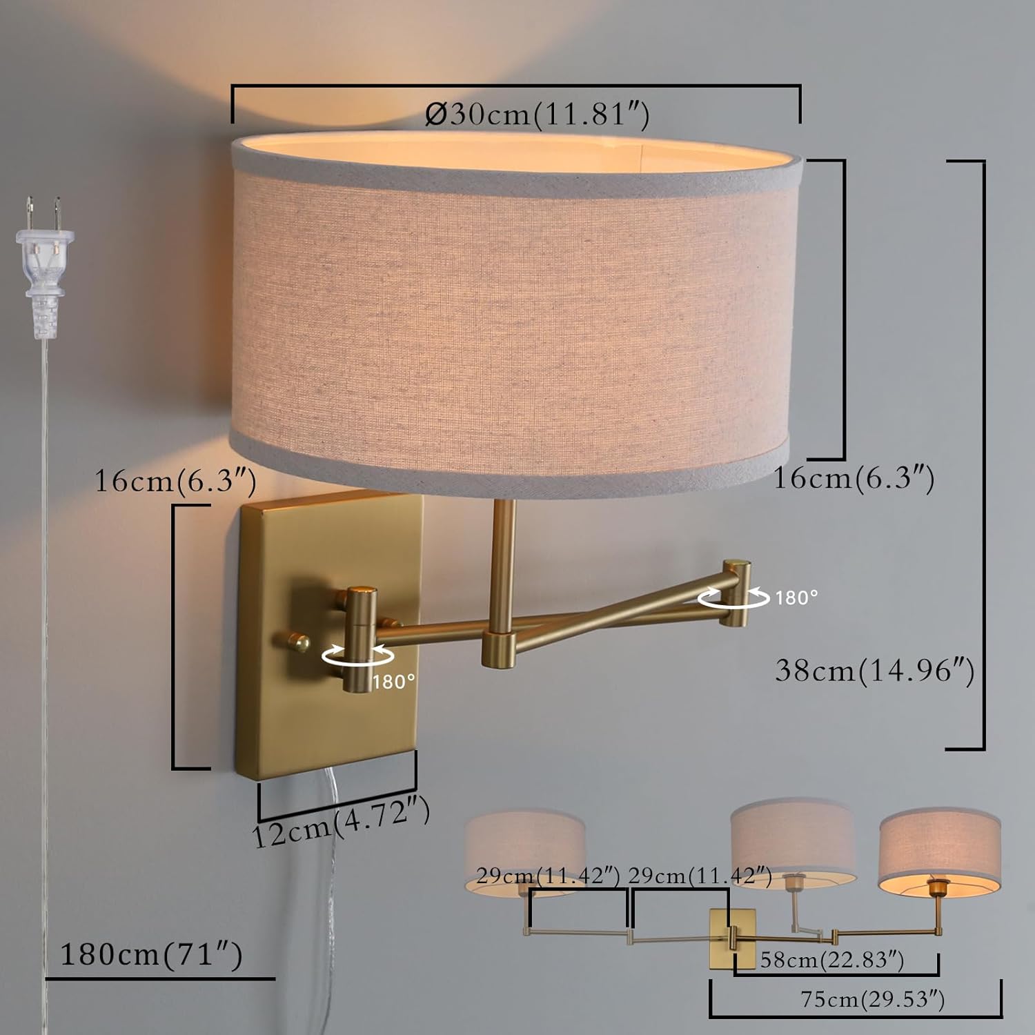 PERMO Plug in Wall Sconce Linen Fabric Sconces Light Fixture with Metal Swing Arm and Huge Circle Lampshade for Living Room Bedroom
