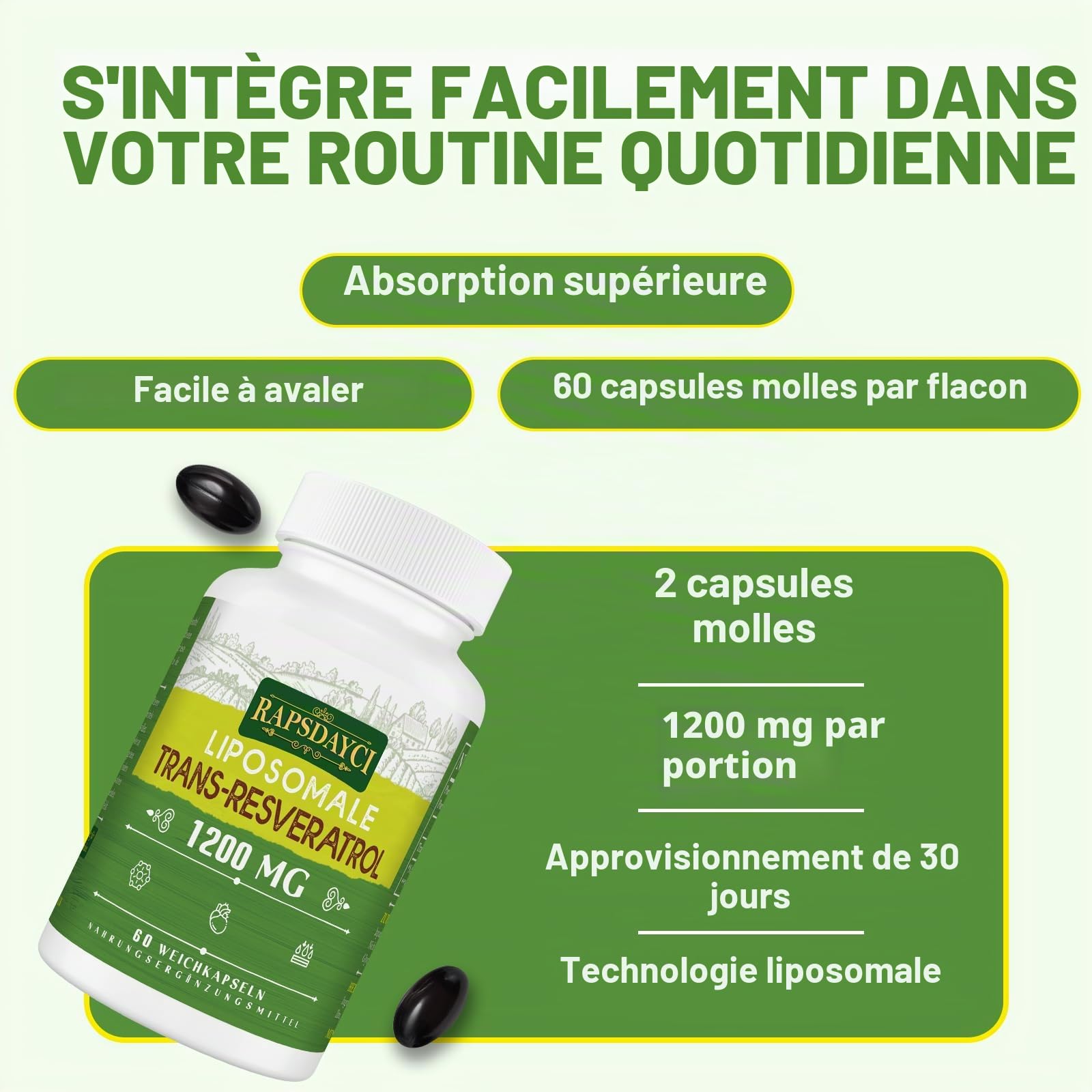 Resvératrol Liposomal 1200 mg, Trans-Resvératrol 98% Pur, Extrait de Renouée du Japon, 120 Gélules