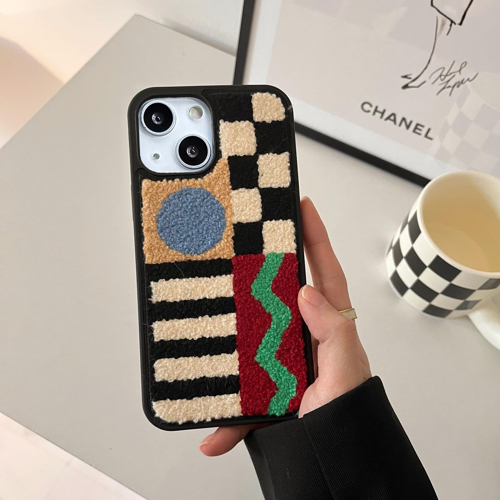 Tewwsdi Retro Embroidery Checkered Phone Case Compatible for iPhone 13 6.1inch Tufting Towel Fabric Winter Aesthetic Fuzzy Plush Shockproof Case(
