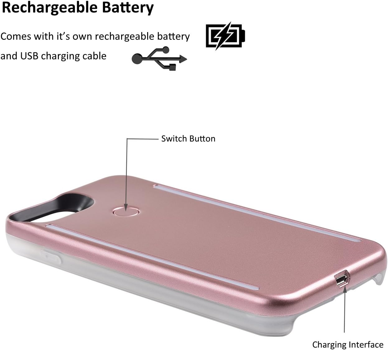 Wellerly iPhone 8 Plus Case, iPhone 7 Plus Case, iPhone 6/6s Plus Case, LED Illuminated Selfie Light Up [Rechargeable] Luminous Flashlight Cellphone Case Cover for iPhone 8/7 / 6/6s Plus -Rose Gold