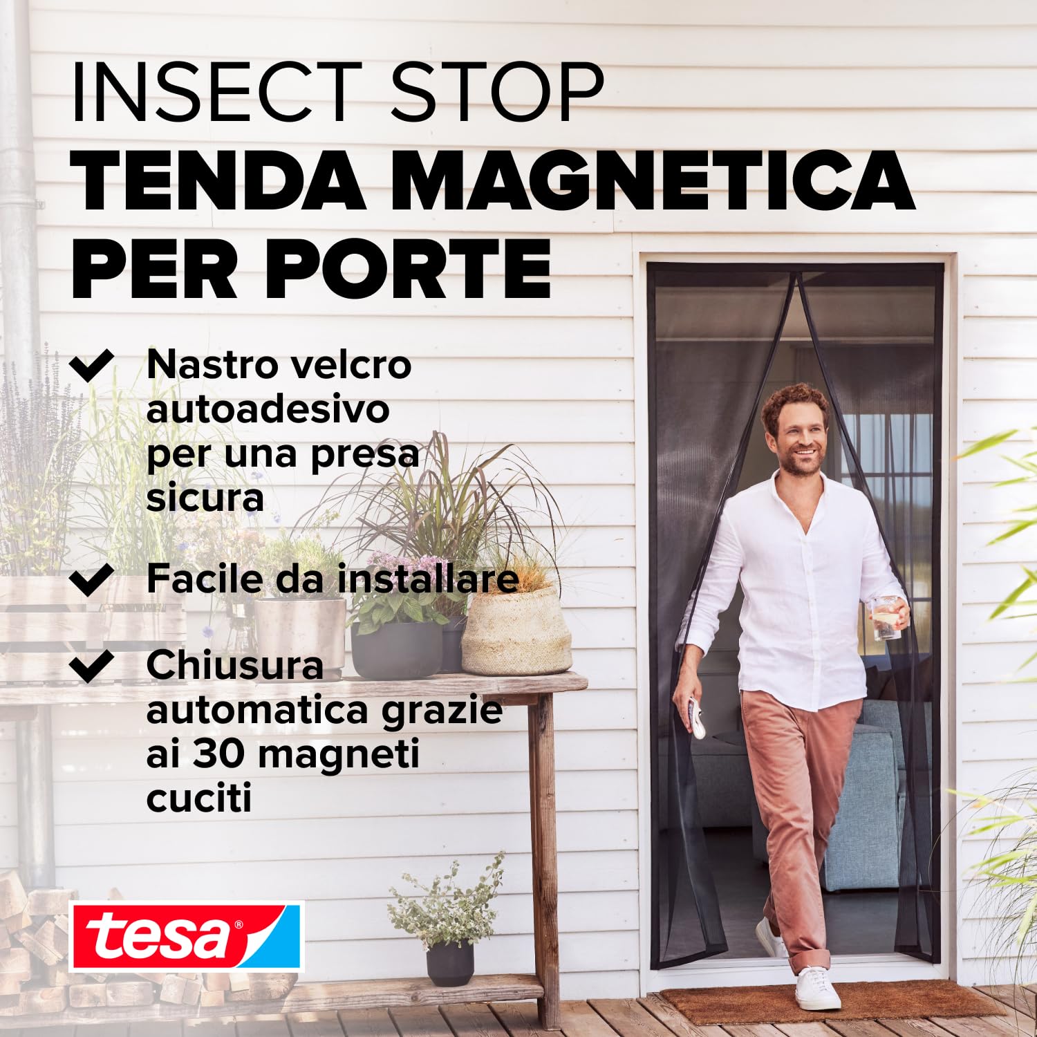 tesa INSECT STOP Magnetic Curtain - tenda magnetica autochiudente per porte balcone, senza fori - 200 x 80 cm