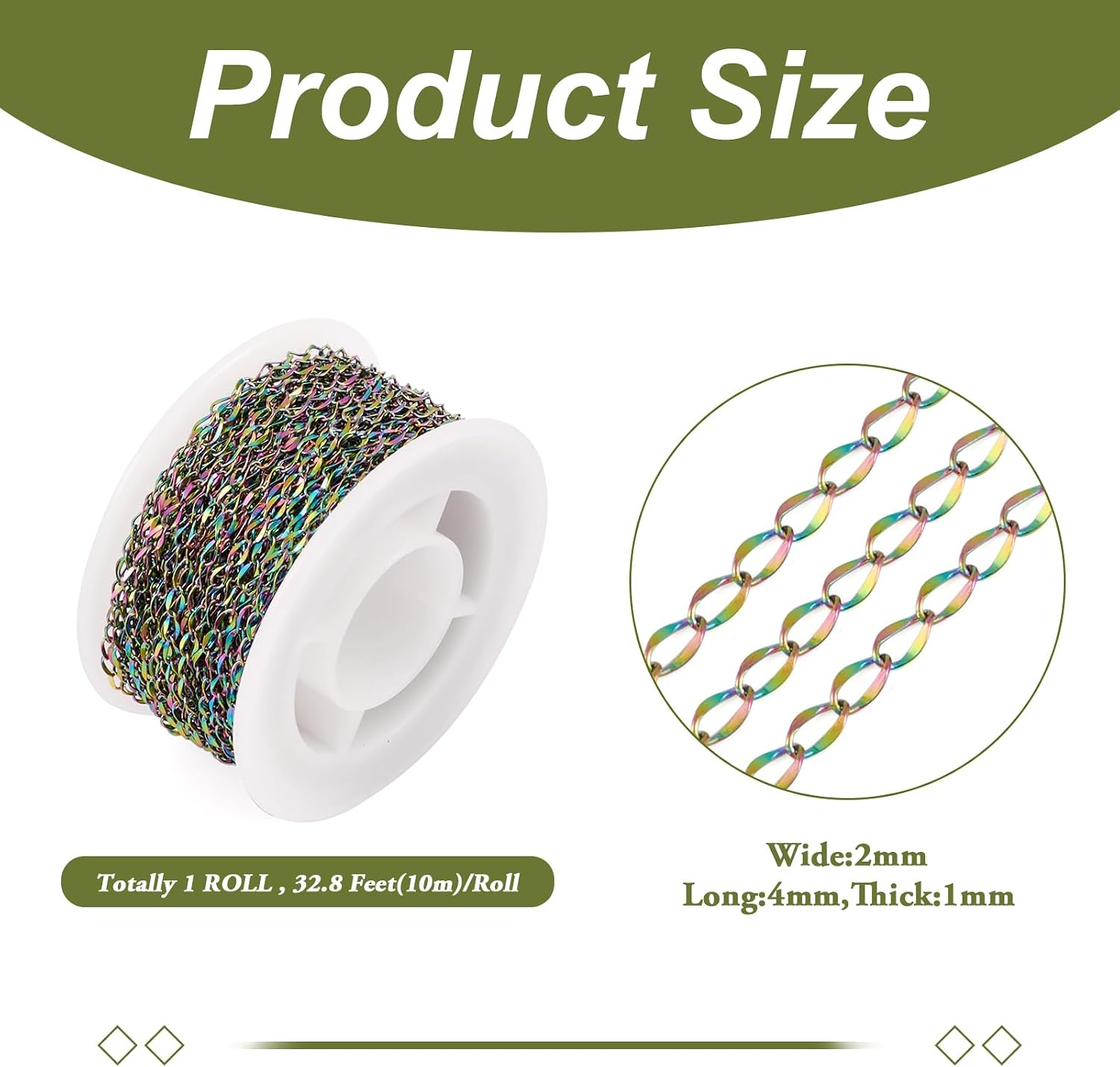 Craftdady 32 Feet Stainless Steel Link Twisted Curb Chains Multicolor Soldered Cable Cross Chains 3x2mm with Spool for Bracelet Necklace Earring Jewelry Making