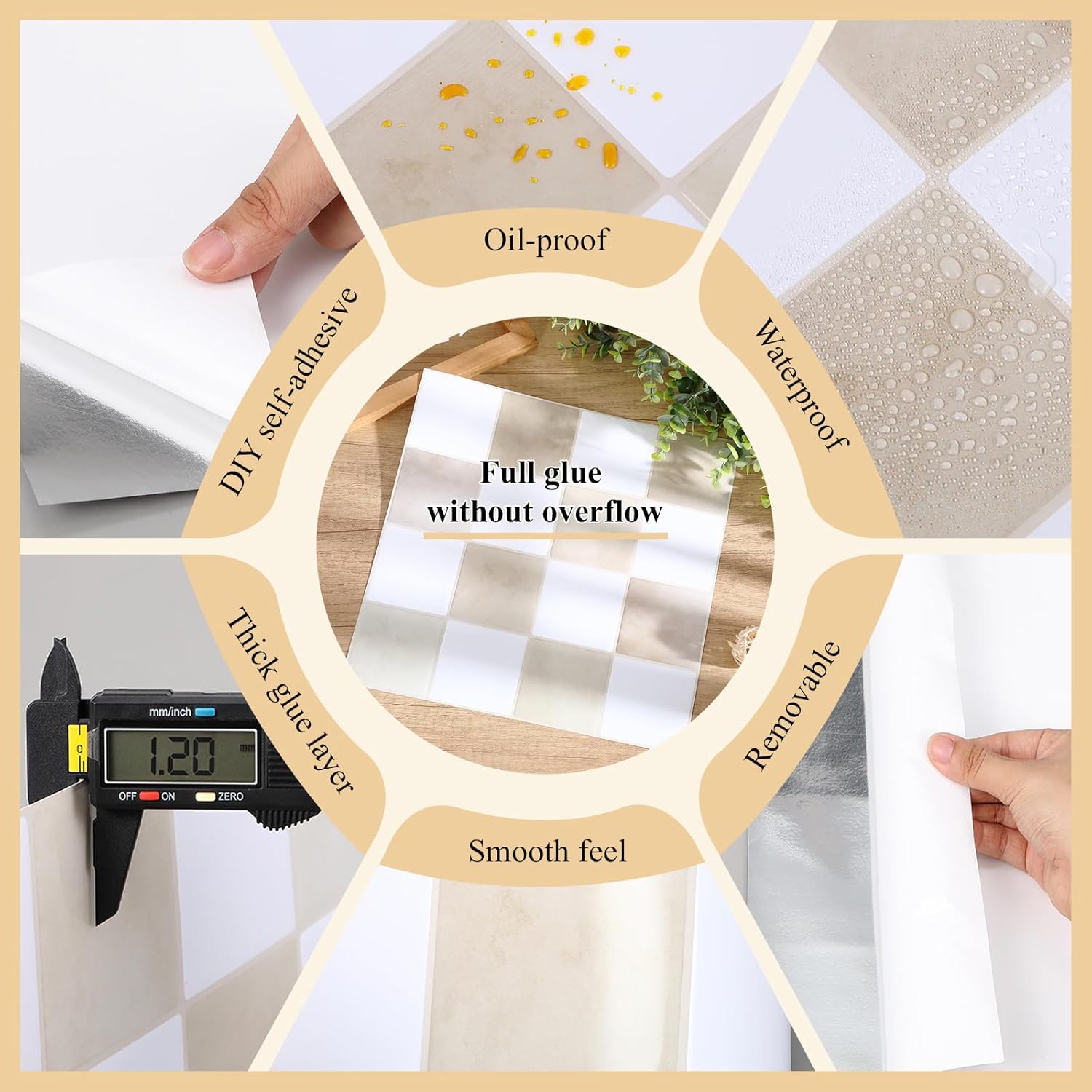 10 Pcs Heavy-Duty Peel and Stick Backsplash Kitchen 3D Adhesive Peel Stick Tile Waterproof Backsplash Renter Wall Tile for Bathroom Fireplace (Checkere D 11.8" X 11.8",Beige,Brown)