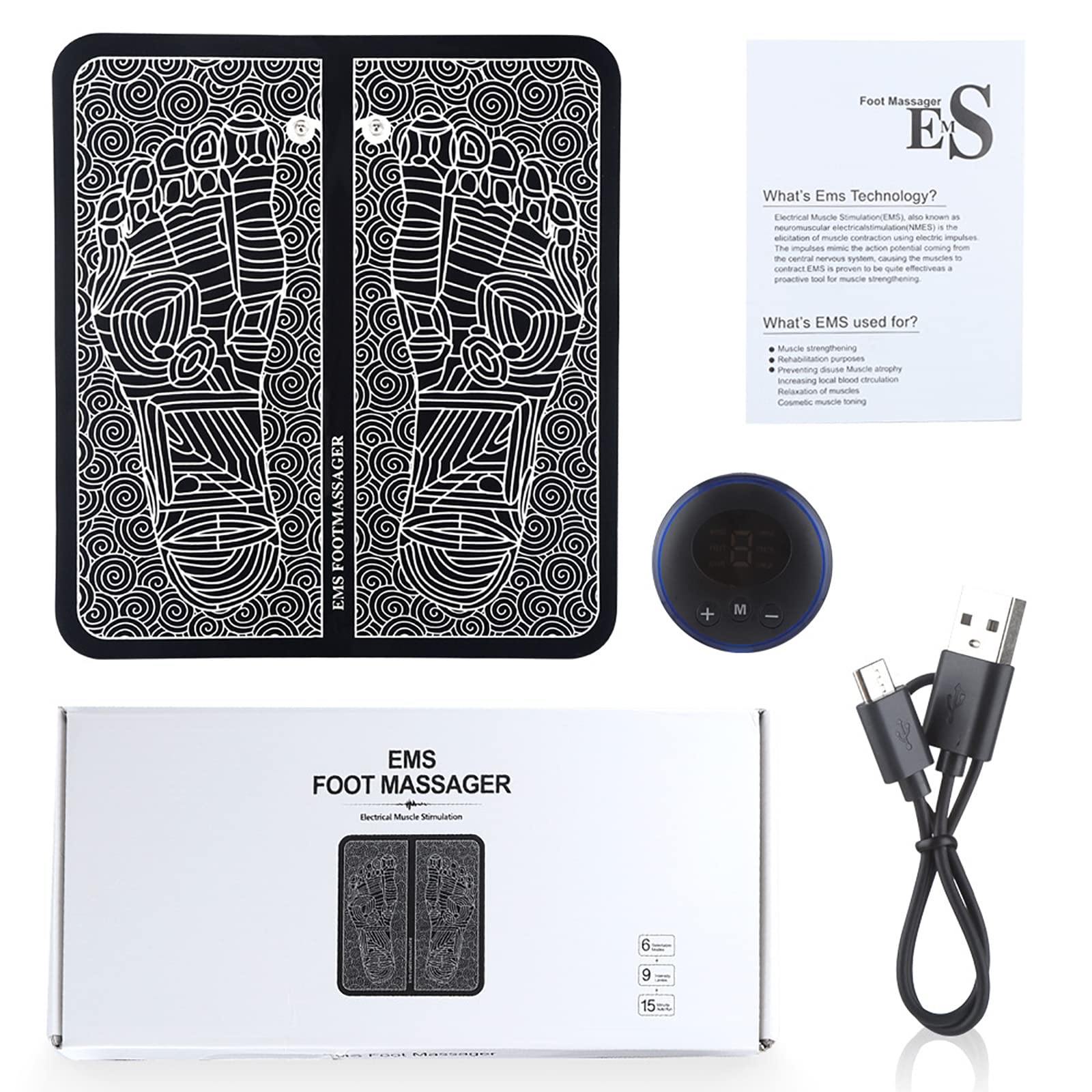 Tappetino per Piedi EMS Portatile,Piedino Elettrico Pieghevole Multifunzione con 6 modalità di Massaggio E 9 Punti di Forza del Massaggio,temporizzazione Intelligente 15 Minuti,Uso del Corpo