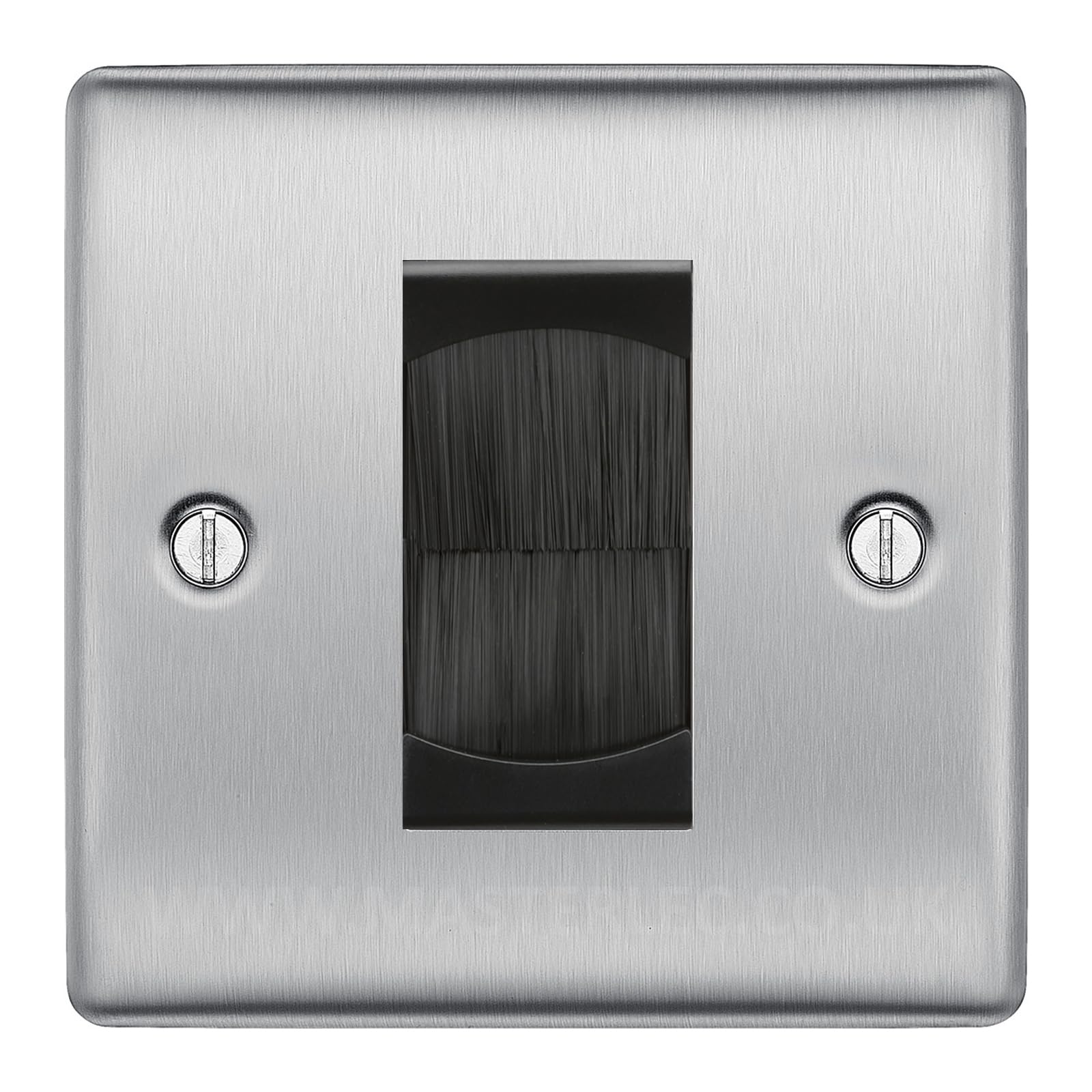BG Brushed Steel Single 1 Gang Brush Cable Entry Wall Plate Black Insert Square